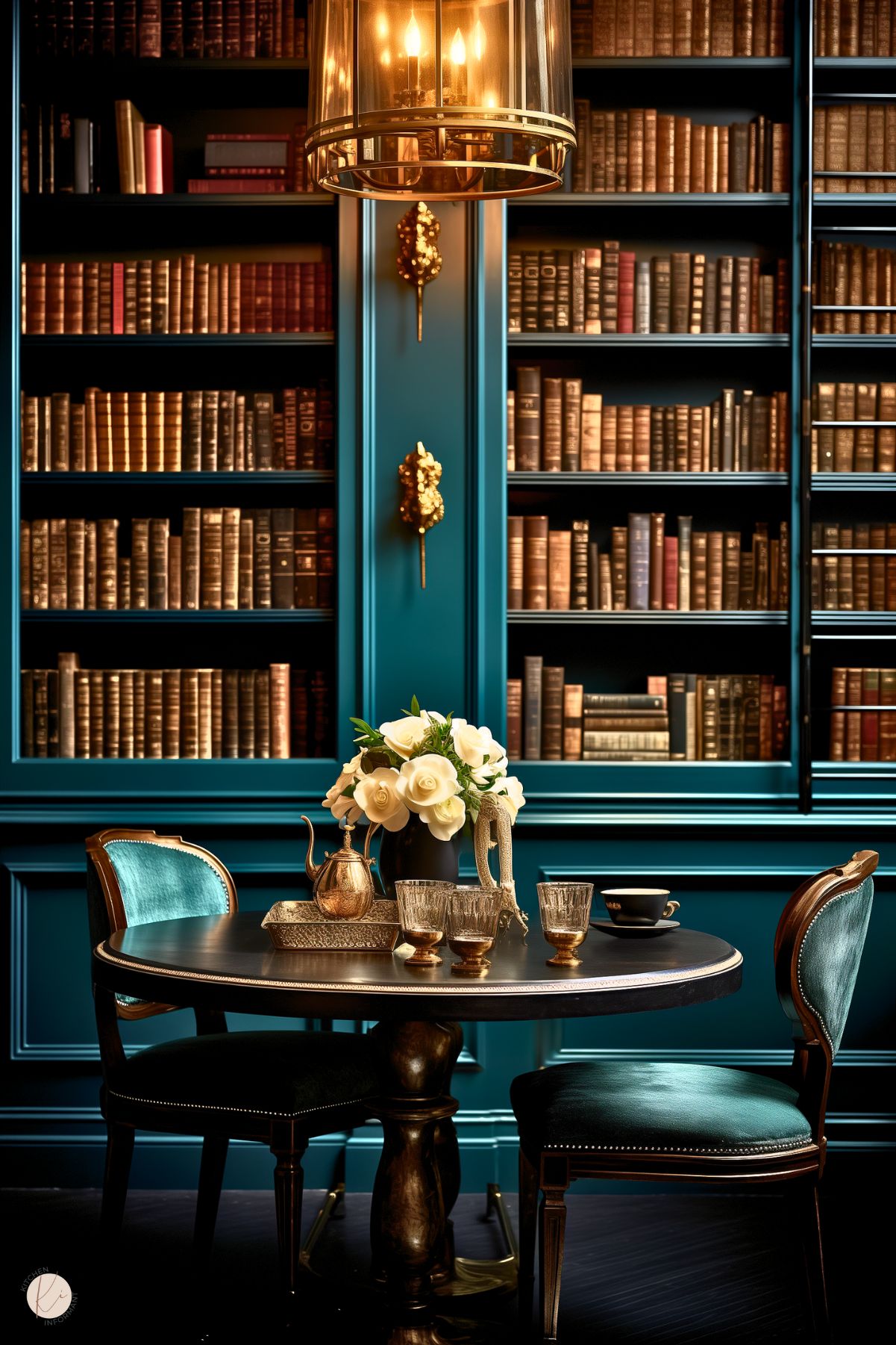 A dark academia dining nook with deep teal bookshelves, antique leather-bound books, and gold accents. A round black table is set with an ornate tea set, crystal glasses, and a vase of white roses. Velvet-upholstered chairs and a brass lantern chandelier enhance the luxurious, scholarly ambiance.