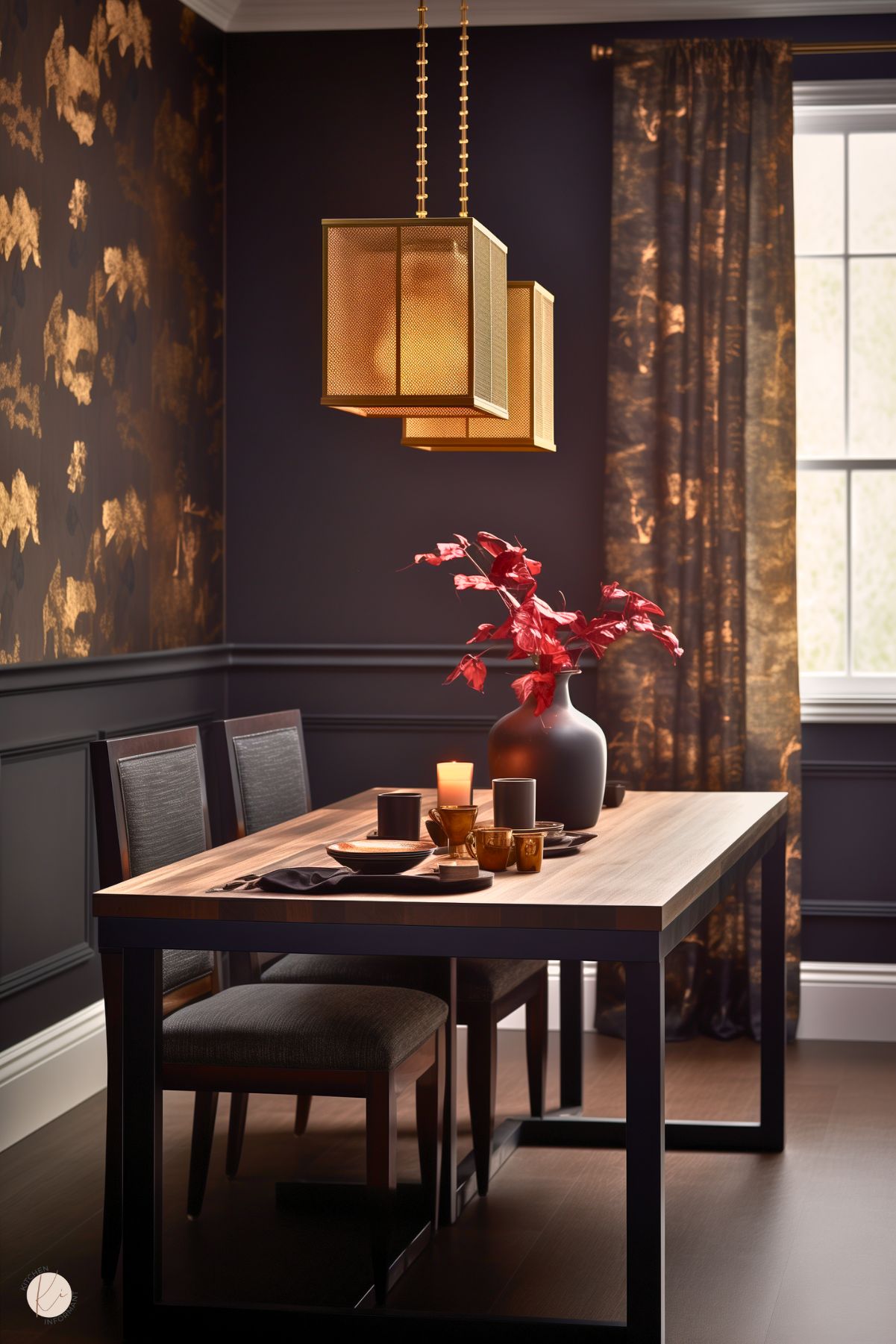 A dark academia dining room with deep charcoal walls, gold-accented wallpaper, and modern geometric pendant lighting. A sleek wooden table is set with black and gold dishware, a candle, and a bold red floral arrangement. Dark upholstered chairs and moody drapery enhance the sophisticated ambiance.