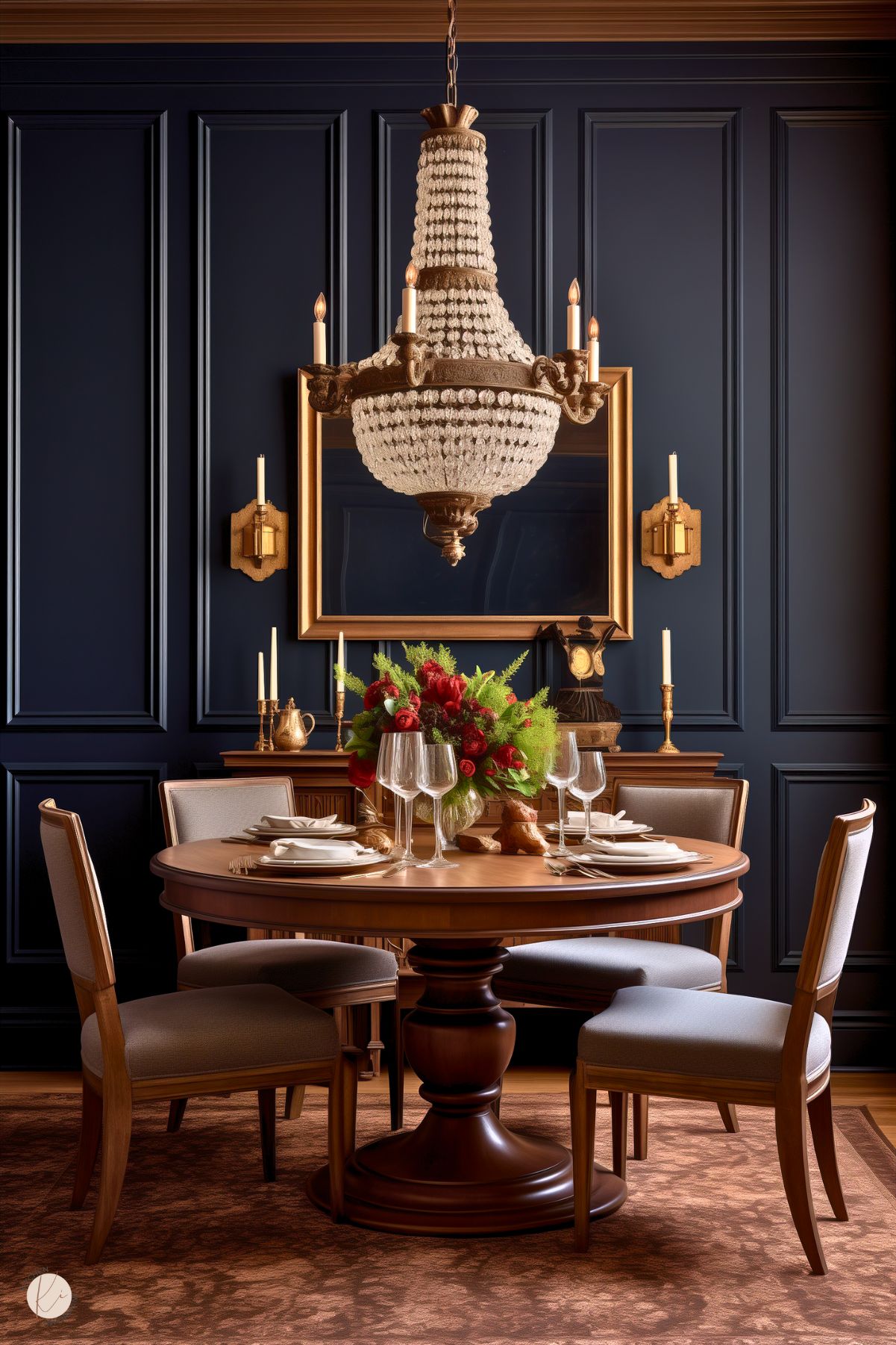 A dark academia dining room with navy paneled walls, a round wooden table, and upholstered chairs. A grand beaded chandelier and gold sconces provide warm lighting. The table is elegantly set with fine dishware, glassware, and a lush floral centerpiece, enhancing the classic, sophisticated ambiance.