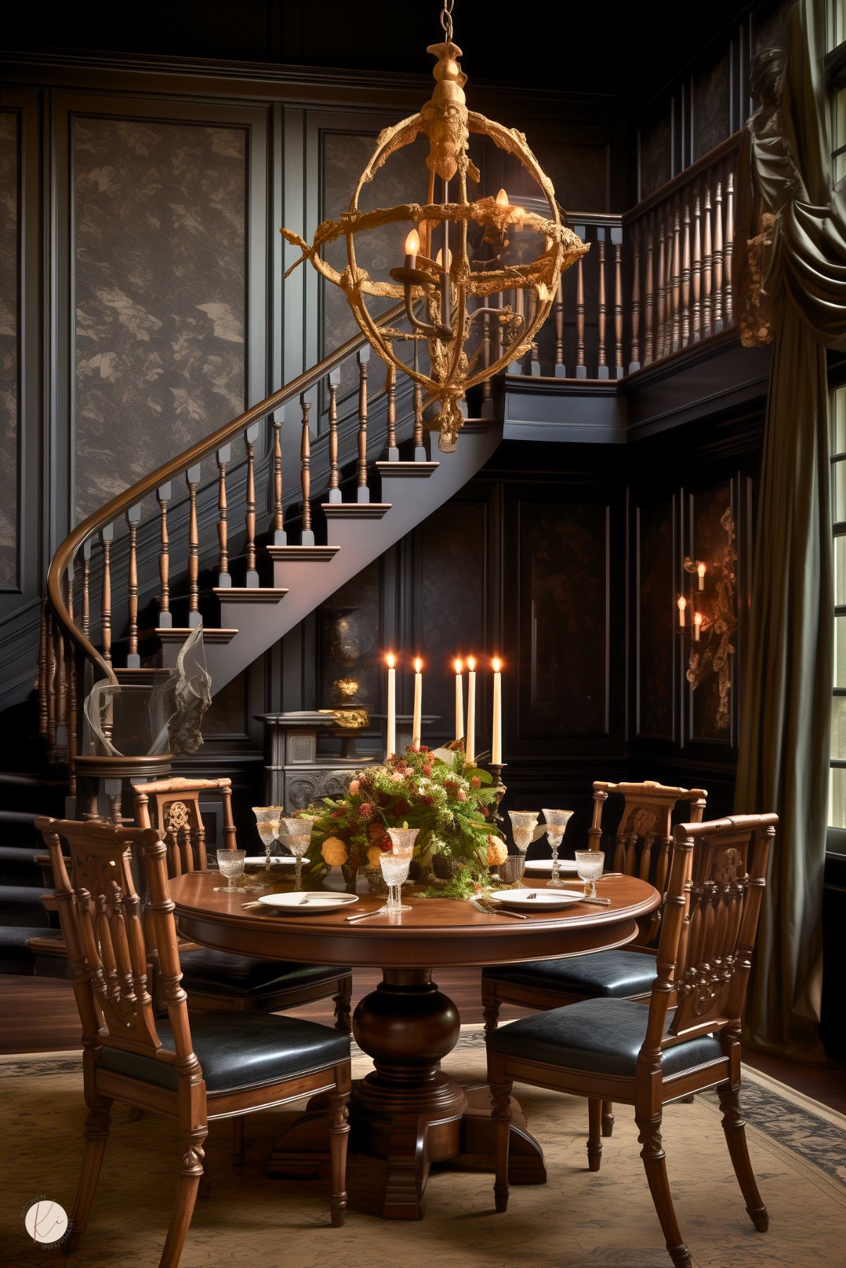 A dark academia dining room with black paneled walls, a grand staircase, and a gothic-style chandelier. A round wooden table is set with crystal glassware, fine china, and a lush candlelit centerpiece. Ornate carved chairs and heavy drapery enhance the moody, sophisticated ambiance.