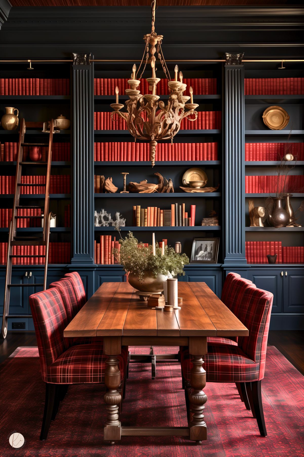 A dark academia dining room with navy built-in bookshelves filled with red books, a rustic wooden table, and plaid upholstered chairs. A carved chandelier, rolling library ladder, and antique decor create a scholarly, moody ambiance. A lush green centerpiece and candlelit accents enhance the warm, timeless setting.