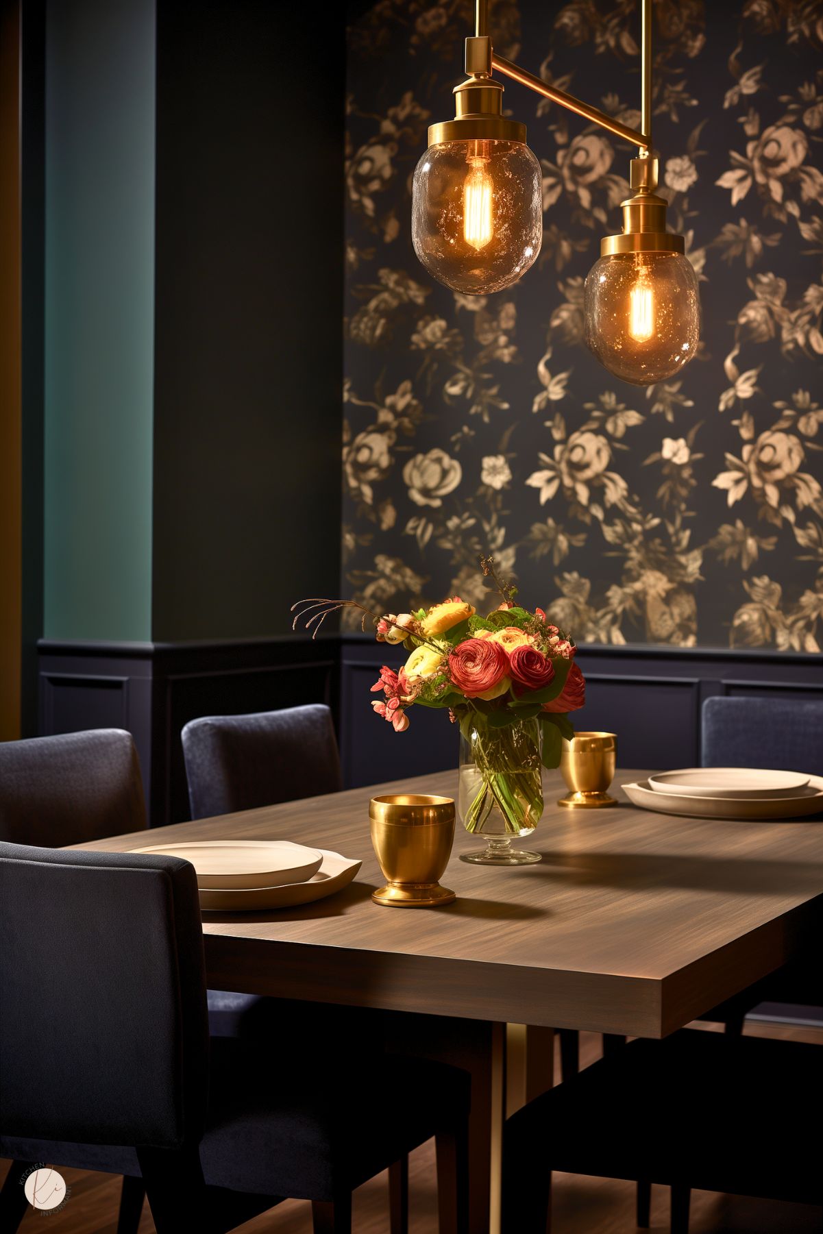 A dark academia dining room with moody floral wallpaper, navy upholstered chairs, and a sleek wooden table. Warm gold accents, including metallic goblets and pendant lights with Edison bulbs, contrast with the dark tones. A fresh floral centerpiece adds vibrancy to the sophisticated setting.