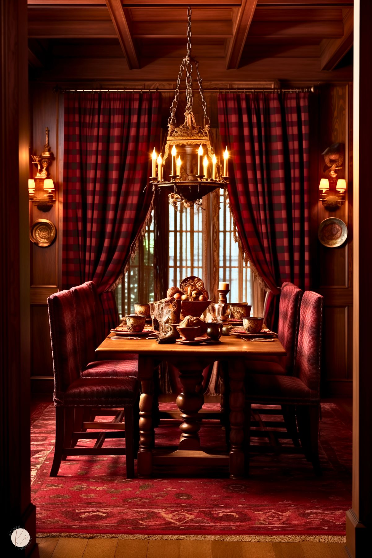 A dark academia dining room with rich wood paneling, red plaid drapes, and upholstered chairs. A rustic wooden table is set with earthy-toned dishware, candles, and a centerpiece of fruit. A medieval-style chandelier and warm sconces enhance the cozy, scholarly ambiance.