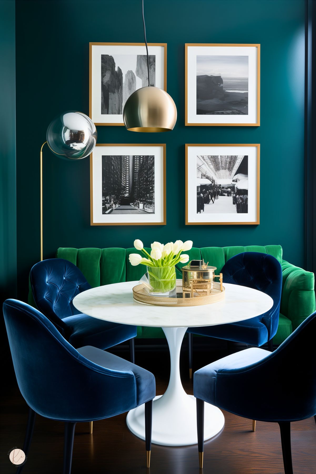 A chic and dramatic kitchen nook featuring a white tulip-style table surrounded by deep blue velvet chairs with gold-tipped legs. A plush emerald green tufted bench provides additional seating against a dark green wall. The table is adorned with a vase of white tulips and a gold tray. A mix of black-and-white framed photographs decorates the wall, while a modern gold and chrome pendant light adds sophistication to the bold and stylish space.