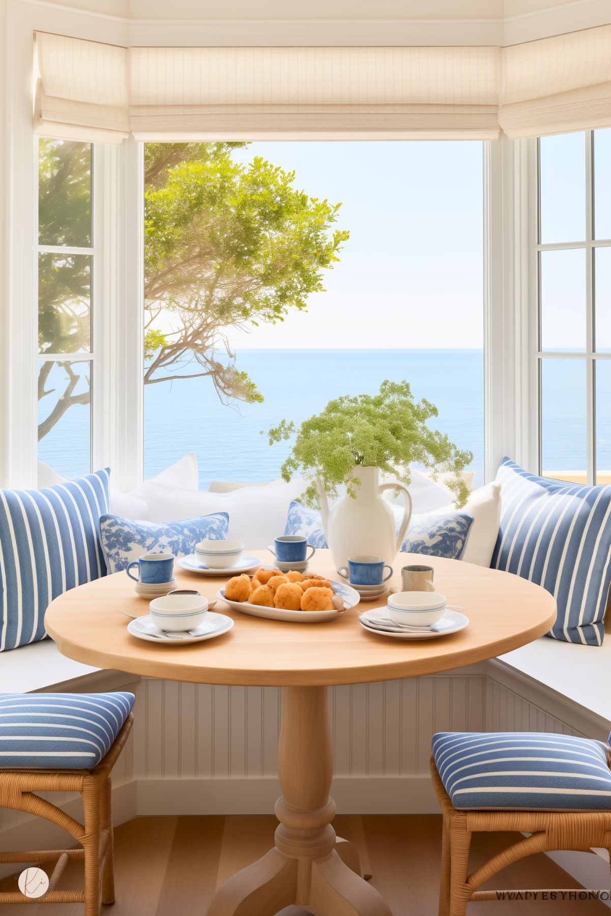 A bright coastal kitchen nook featuring a light wood pedestal table surrounded by built-in seating with blue and white striped and floral cushions. The table is set with blue and white teacups, saucers, and a plate of pastries, along with a white pitcher vase filled with greenery. Large bay windows offer a stunning view of the ocean and a tree, with natural light flooding the serene and breezy space. Wicker stools add a touch of texture.