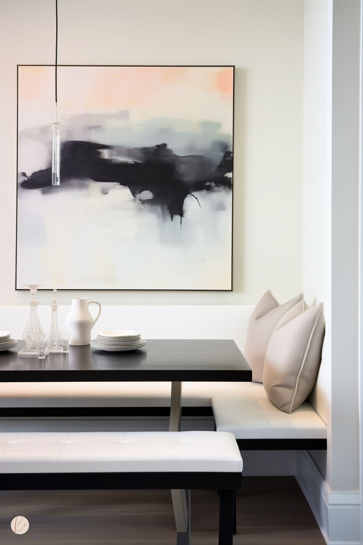 A modern kitchen nook featuring a black table with a matching bench and white cushioned seating. Neutral-toned throw pillows rest on the built-in bench. A large abstract painting in soft pastels and black dominates the wall above. The table is set with a white pitcher, stacked plates, and glass decanters. A minimalist pendant light hangs overhead, adding a sleek touch to the clean, contemporary design.