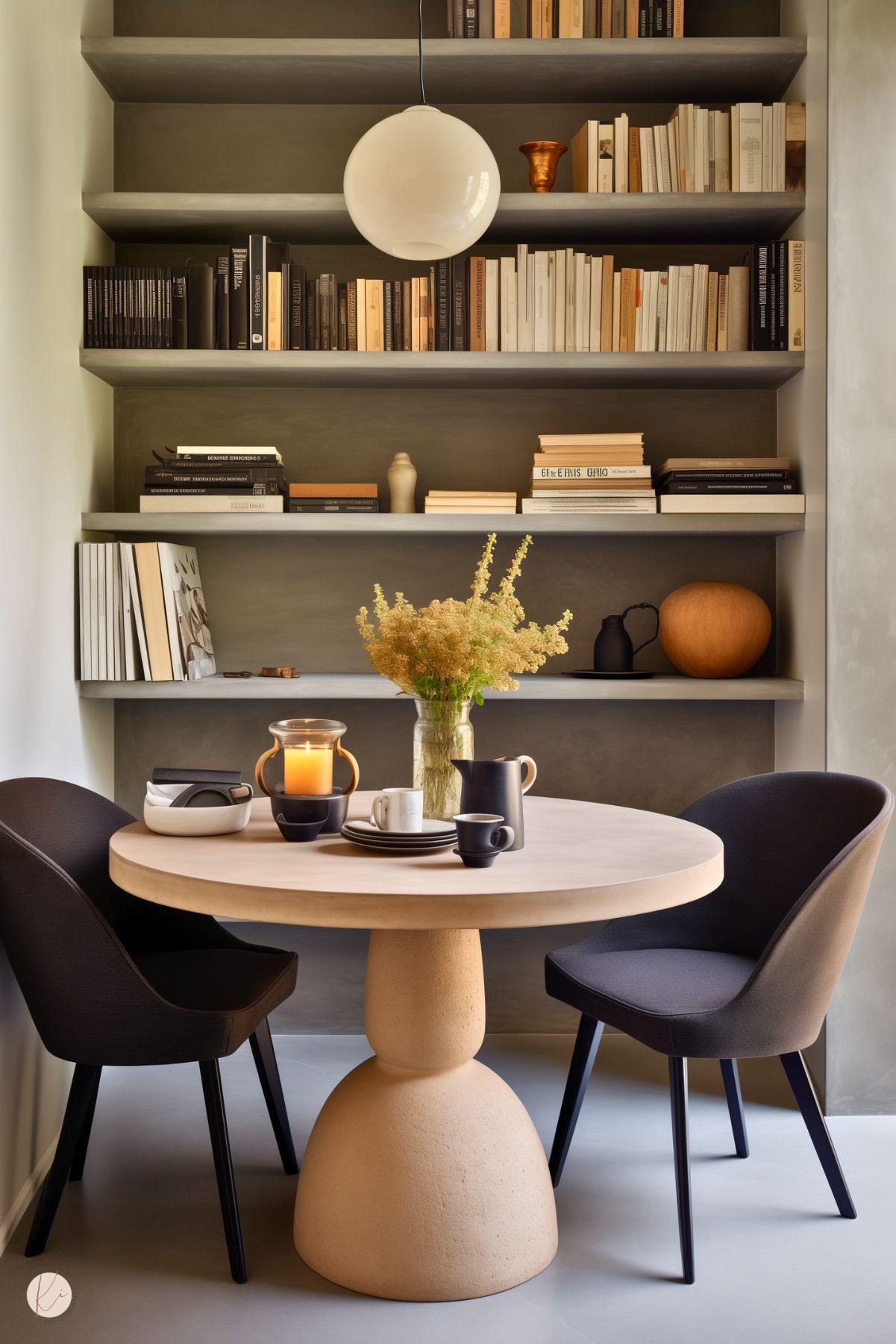 A stylish and cozy kitchen nook featuring a round table with a sculptural beige pedestal base, flanked by two modern black upholstered chairs. The table is set with dark tableware, a vase of dried flowers, and a candle. Built-in shelving behind the table showcases a curated collection of books and decor in neutral tones, adding warmth and sophistication. A single globe pendant light hangs above, completing the intimate and modern design.