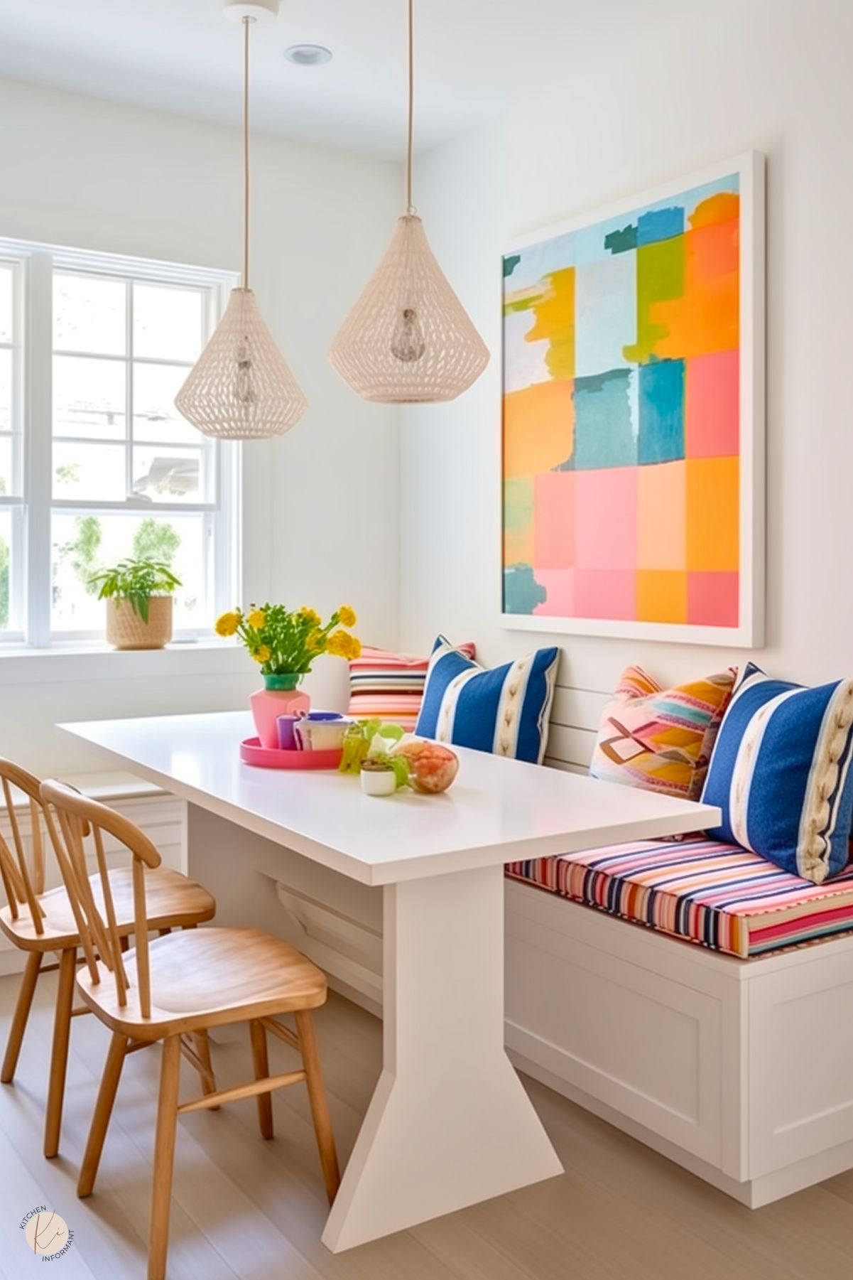 A bright and colorful kitchen nook featuring a white table with wooden chairs and a built-in bench adorned with vibrant striped and patterned cushions. Bold blue throw pillows add contrast. Above the bench hangs a modern abstract artwork in warm tones of orange, pink, and green. Two woven pendant lights provide texture, while a nearby window lets in natural light. A pink tray with yellow flowers decorates the table.