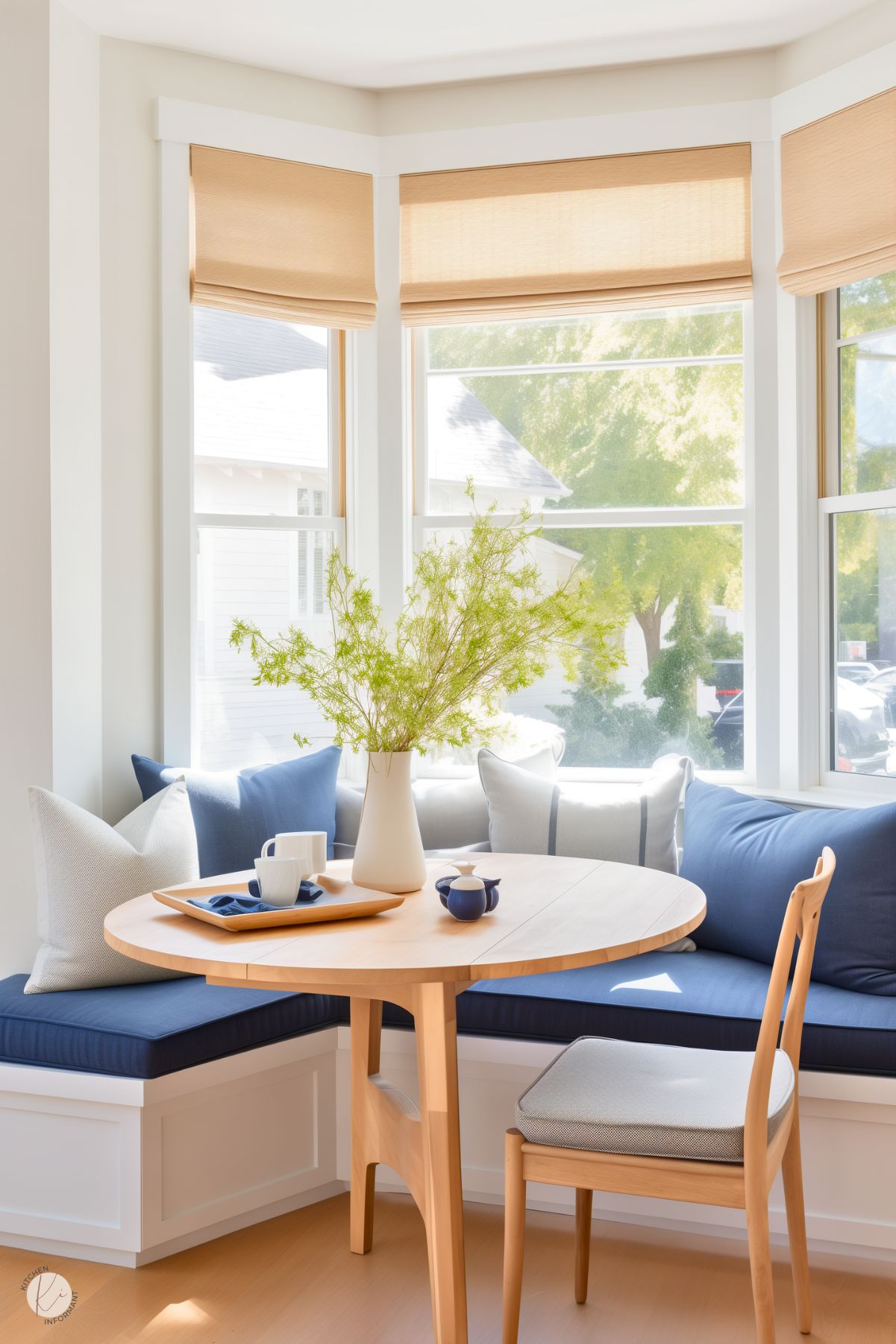 A bright and airy kitchen nook with a round wooden table and a built-in bench adorned with deep blue and light gray cushions. A wooden chair with a light upholstered seat complements the setup. The table is styled with a white vase filled with wispy greenery and a tray holding mugs and a teapot. Large bay windows with beige Roman shades provide natural light and offer a clear view of a sunny, tree-filled neighborhood.