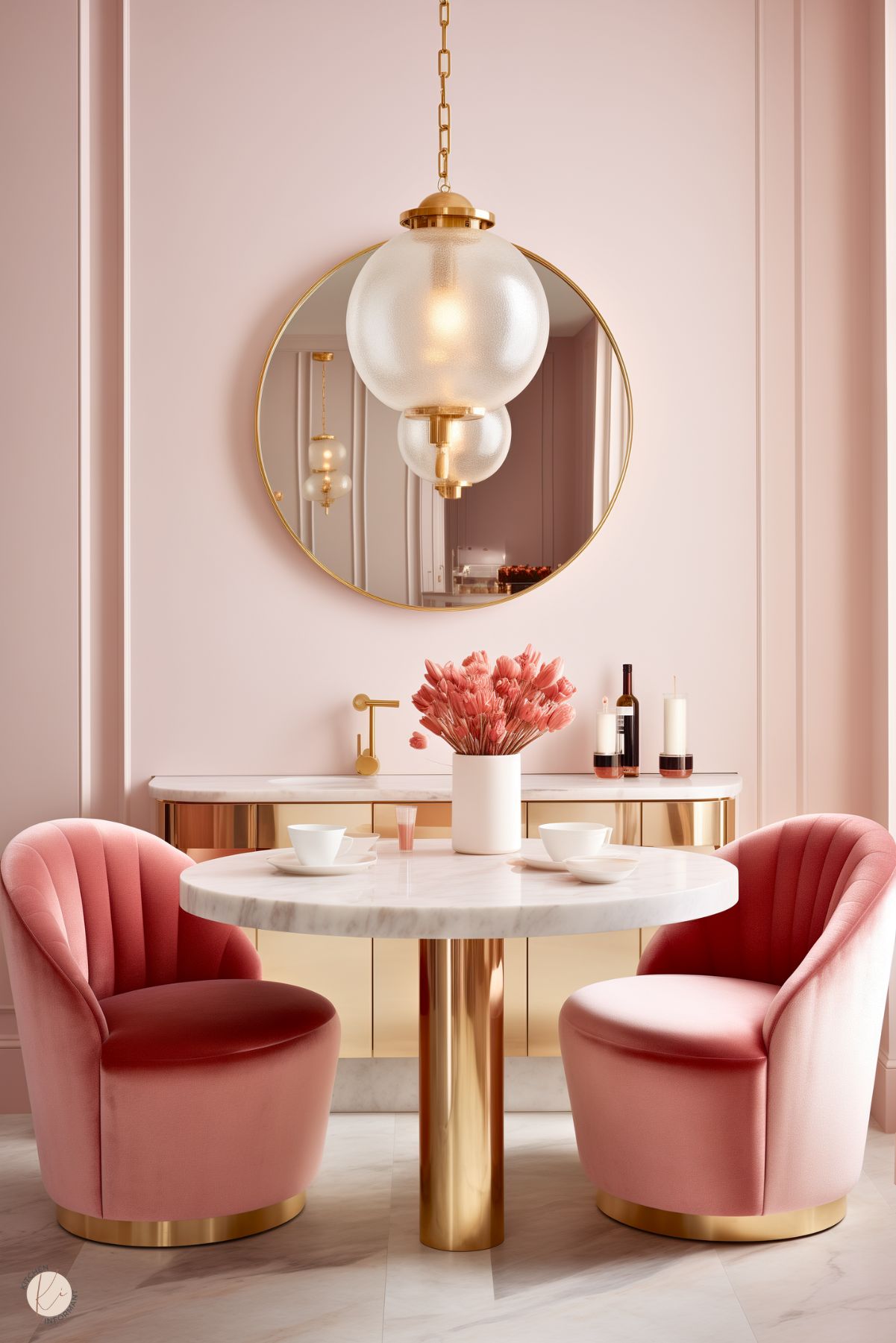 A sophisticated and elegant kitchen nook with soft pink walls, a round marble-topped table with a gold pedestal base, and two plush pink velvet chairs with gold accents. Above the table hangs a globe pendant light with a gold finish, reflected in a large circular mirror. A sideboard with gold details holds wine bottles and candles, while a vase of pink flowers decorates the table, adding a refined yet cozy touch to the space.