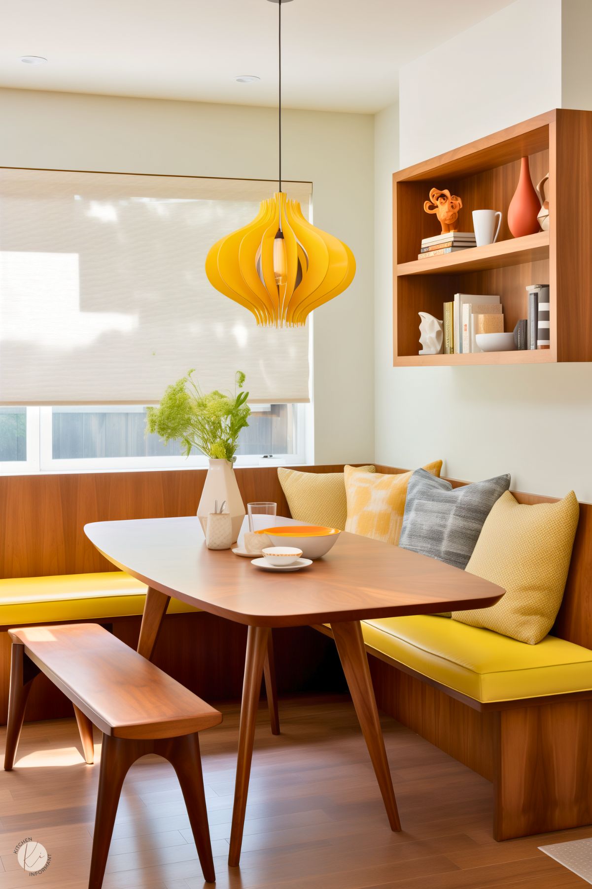 A bright and cheerful kitchen nook with a mid-century modern vibe, featuring a wooden table with tapered legs and a matching bench. Built-in seating with vibrant yellow cushions is accented by patterned throw pillows. A bold, sculptural yellow pendant light hangs overhead, complementing the warm wood tones. A wall-mounted wooden shelf displays books and decor, while the table is styled with a vase of greenery and a modern dishware set. Natural light streams through a large window, enhancing the inviting atmosphere.