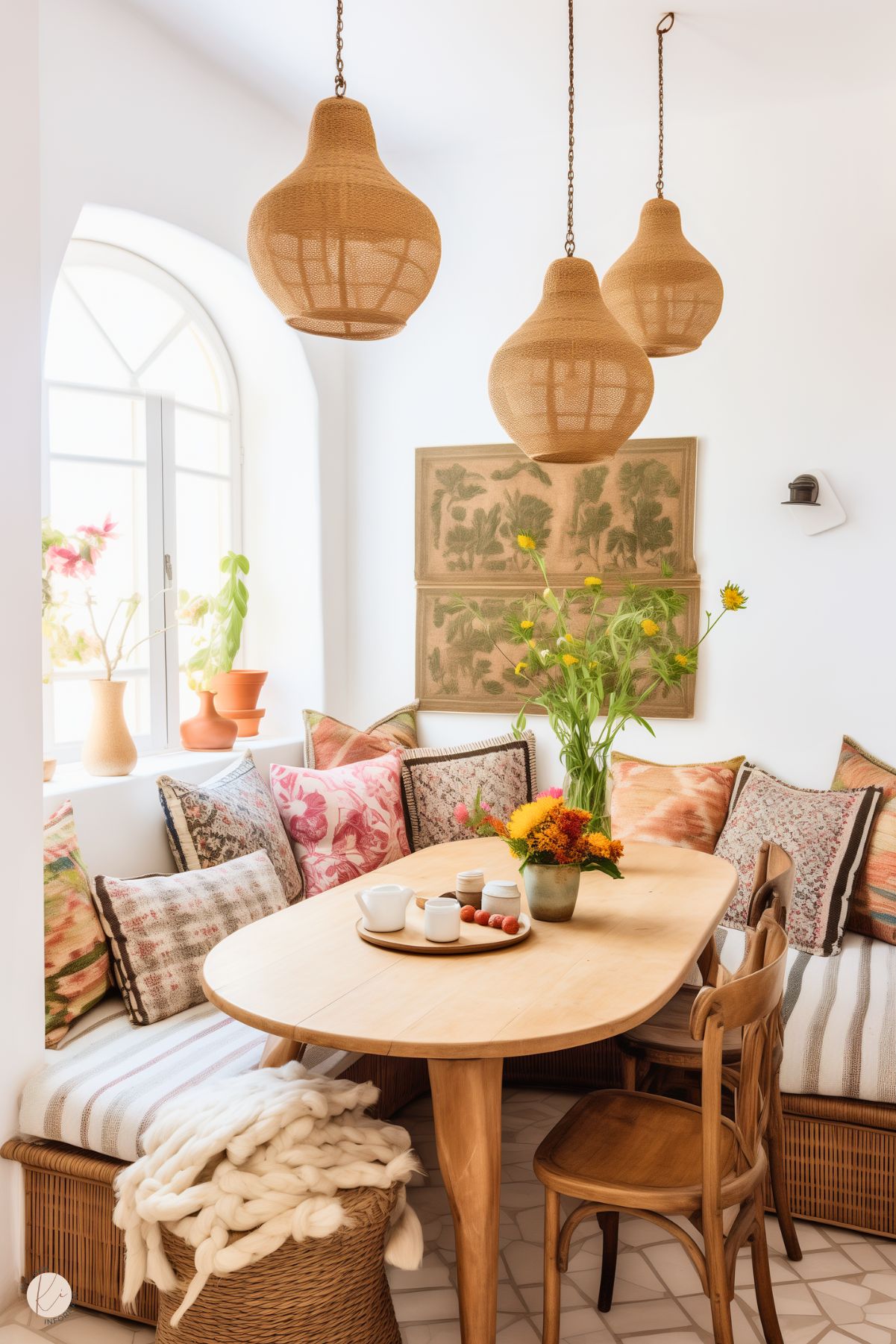 A cozy boho-style kitchen nook with a wicker bench adorned with an assortment of patterned and textured pillows in earthy and pastel tones. A light wood table is decorated with a vase of vibrant flowers and a tray holding teacups. Three woven pendant lights hang above, adding warmth to the space. A window with arched frames brings in natural light, while potted plants and botanical artwork enhance the organic ambiance. A chunky knit blanket rests on a wicker basket nearby.