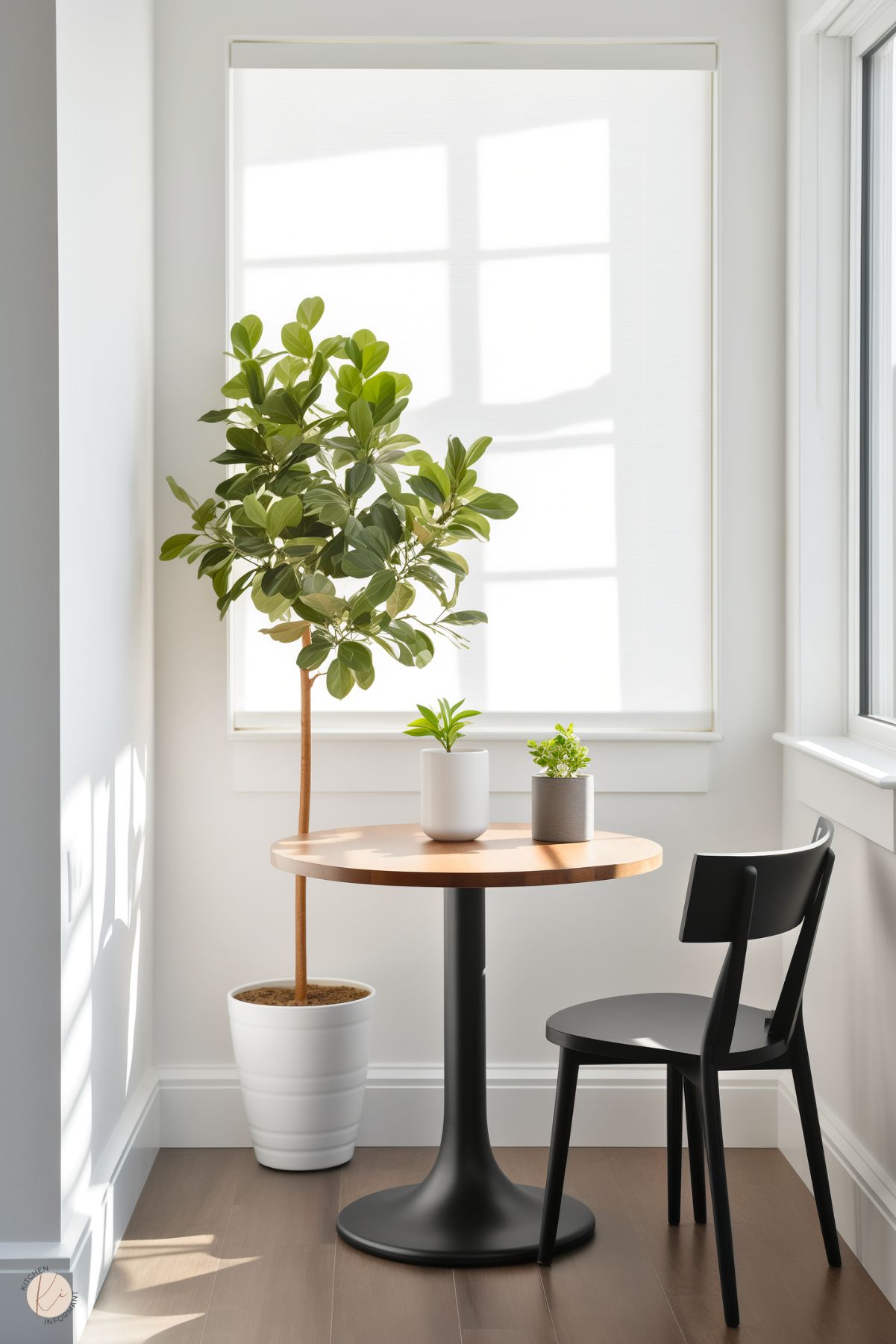 A minimalist and bright kitchen nook featuring a small round wooden table with a black pedestal base, paired with a sleek black chair. The table is styled with two small potted plants in simple white and gray pots. A tall potted fiddle-leaf fig in a white planter adds height and greenery to the space. Natural light streams through a large window with a sheer blind, creating a calm and inviting atmosphere.