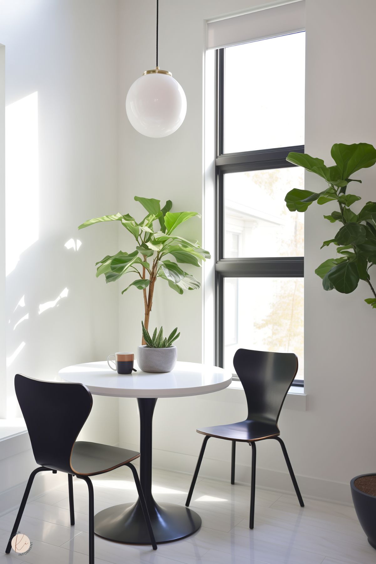 A minimalist kitchen nook with a small round white table on a black pedestal base, paired with two sleek black chairs. The table is adorned with a potted plant and a coffee mug. Tall windows with black frames let in abundant natural light, illuminating the white walls and glossy tiled floor. A large fiddle-leaf fig in the corner adds greenery, while a globe pendant light hangs overhead, enhancing the clean, modern aesthetic.