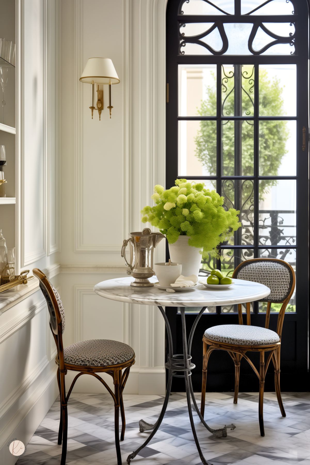 A sophisticated French-inspired kitchen nook featuring a round marble-top bistro table with an ornate black metal base, paired with two classic cane-back chairs upholstered in a subtle patterned fabric. The table is styled with a silver pitcher, a bowl of green apples, and a lush vase of chartreuse blooms. Elegant white paneling and a black wrought-iron glass door provide a refined backdrop, with soft natural light accentuating the timeless and inviting ambiance.