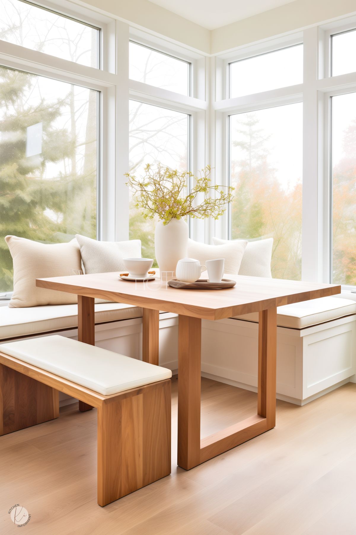 A bright and serene kitchen nook featuring a natural wood rectangular table with a matching bench and built-in seating. The bench and built-ins are upholstered with soft cream cushions, complemented by cozy throw pillows. Large corner windows flood the space with natural light and provide a view of lush greenery. The table is adorned with a simple white vase filled with delicate greenery and a tray holding teacups and a teapot, creating a calm and inviting atmosphere.