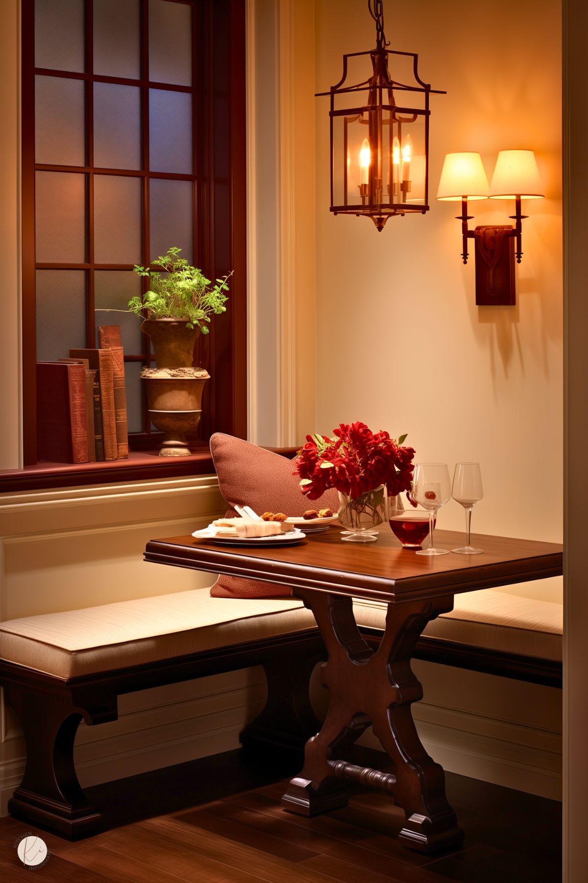 A warm and intimate kitchen nook with a rich wooden table and built-in seating upholstered in cream cushions. The space is illuminated by a classic lantern-style pendant light and a double wall sconce, casting a cozy glow. The table is styled with a vase of deep red flowers, wine glasses, and plates of food. A nearby window features vintage books and a potted plant, complementing the traditional and inviting atmosphere.