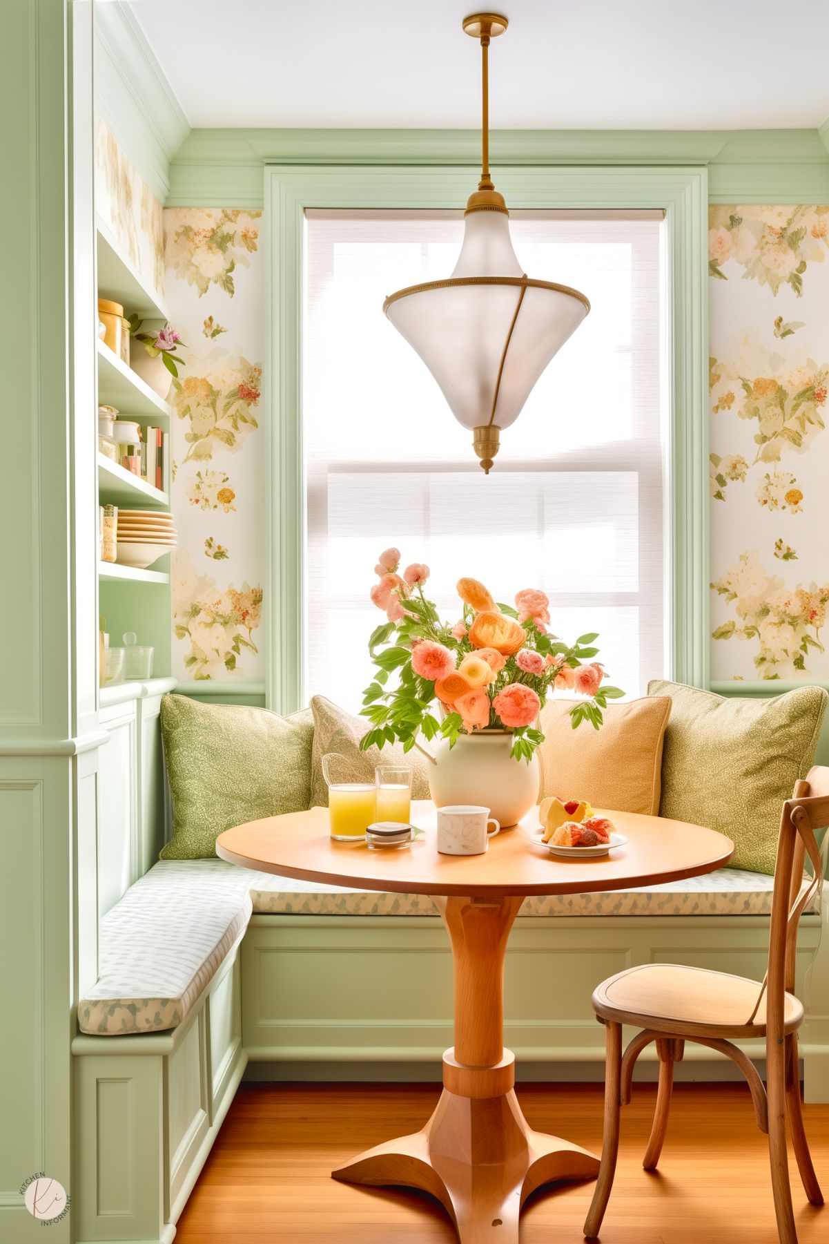 A charming kitchen nook with mint green cabinetry and floral wallpaper framing a built-in bench. The bench is adorned with light-patterned cushions and green throw pillows. A round wooden table holds a vase of peach and pink flowers, along with breakfast items like orange juice, coffee, and pastries. A stylish pendant light hangs overhead, and shelves filled with dishes and books add functionality and character to the cozy space.