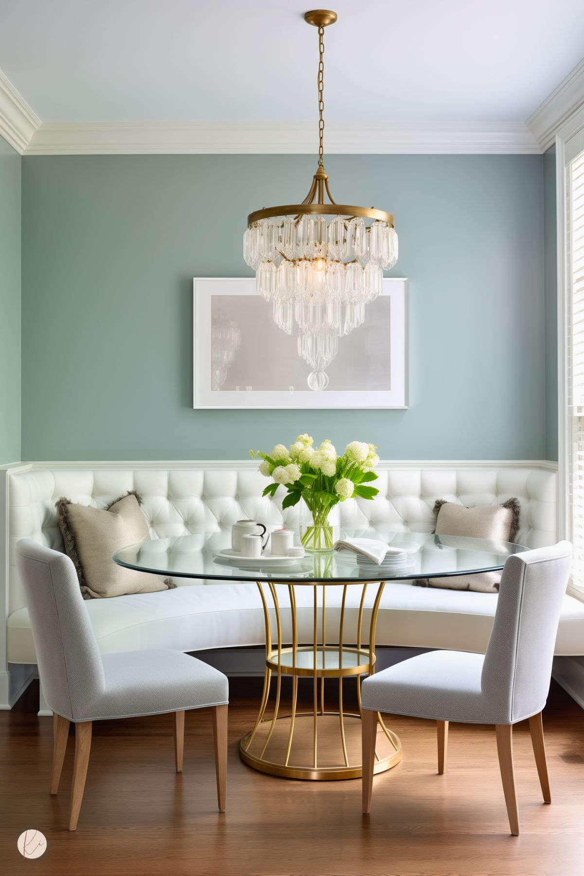 A refined kitchen nook with a tufted white banquette, pale blue walls, and a circular glass-top table supported by a gold metal base. Two upholstered chairs with light fabric and wooden legs complement the setup. A crystal chandelier with gold accents hangs above, adding elegance. The table is adorned with a vase of white flowers, a tea set, and an open book, creating a sophisticated yet inviting atmosphere.