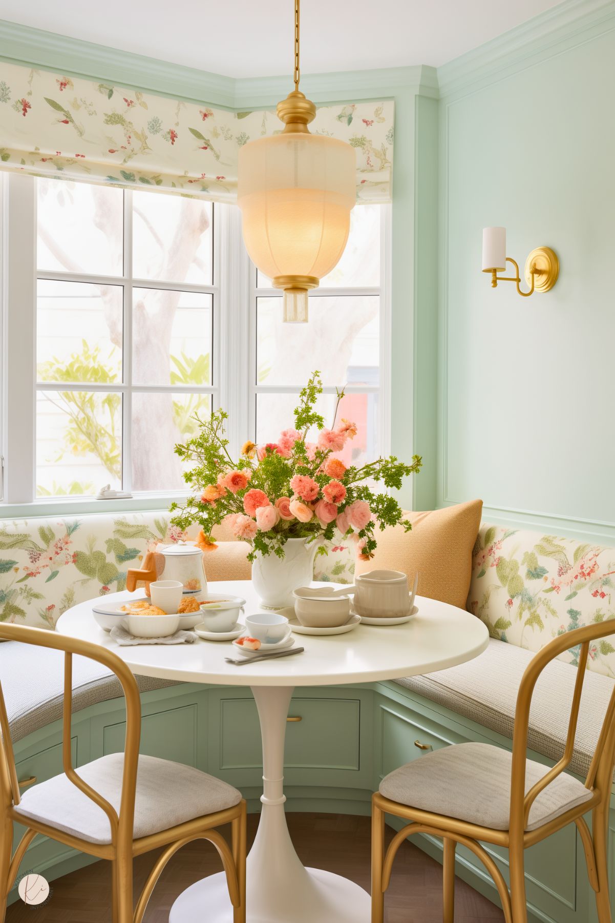 A charming and colorful kitchen nook featuring a round white table with a tulip base, surrounded by built-in seating with mint green cabinetry and floral upholstery. Cushions in soft peach tones add warmth, while gold-framed chairs provide an elegant touch. The table is set with breakfast dishes and a teapot, complemented by a lush bouquet of pink and peach flowers in a white vase. A soft gold pendant light and matching wall sconce enhance the cozy, vintage-inspired ambiance.