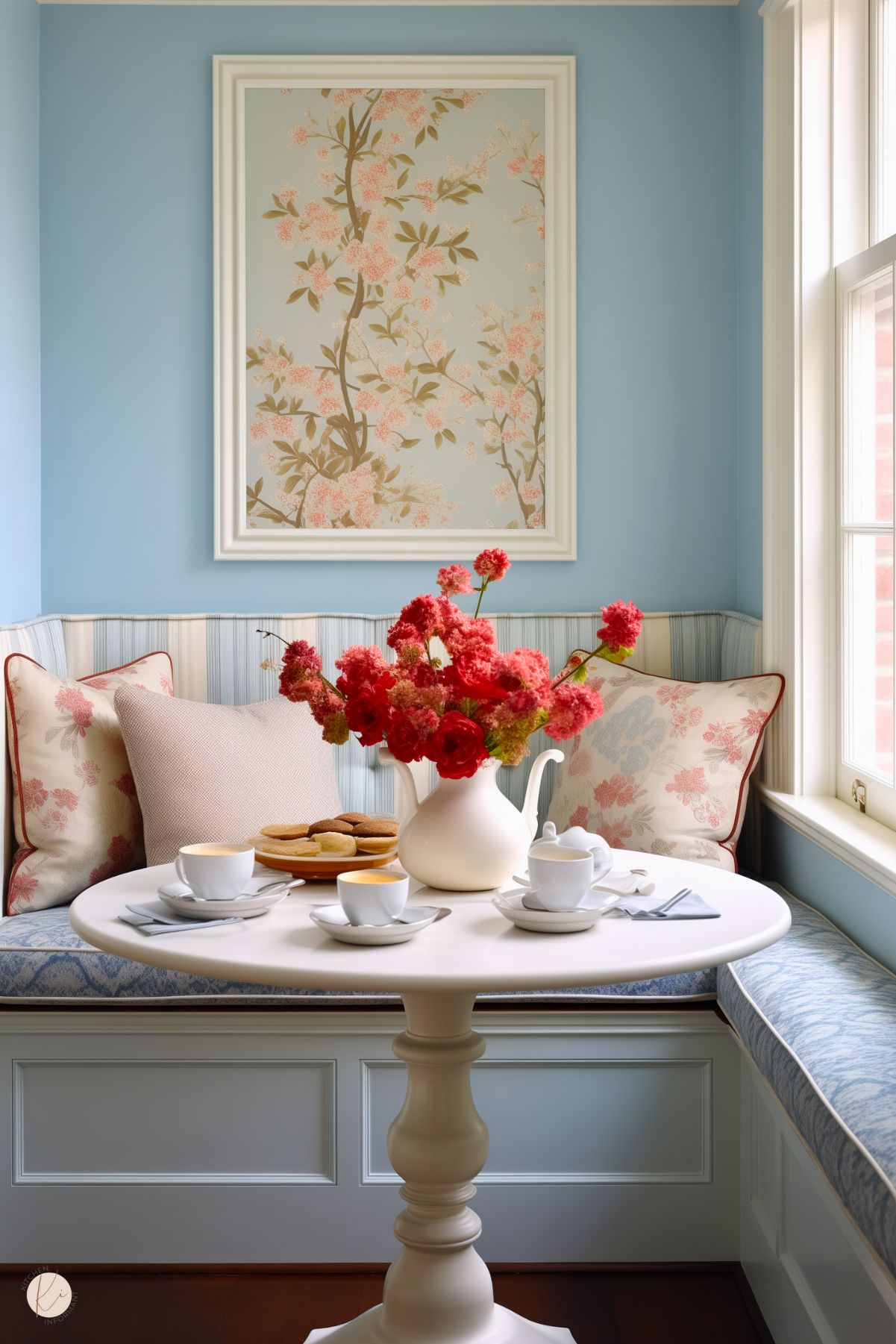 A charming kitchen nook with soft blue walls, a built-in bench featuring striped and floral cushions, and a round white pedestal table. A white pitcher filled with vibrant red flowers acts as a centerpiece, accompanied by teacups, saucers, and a plate of cookies. A framed floral artwork decorates the wall above, and natural light streams in through a nearby window.