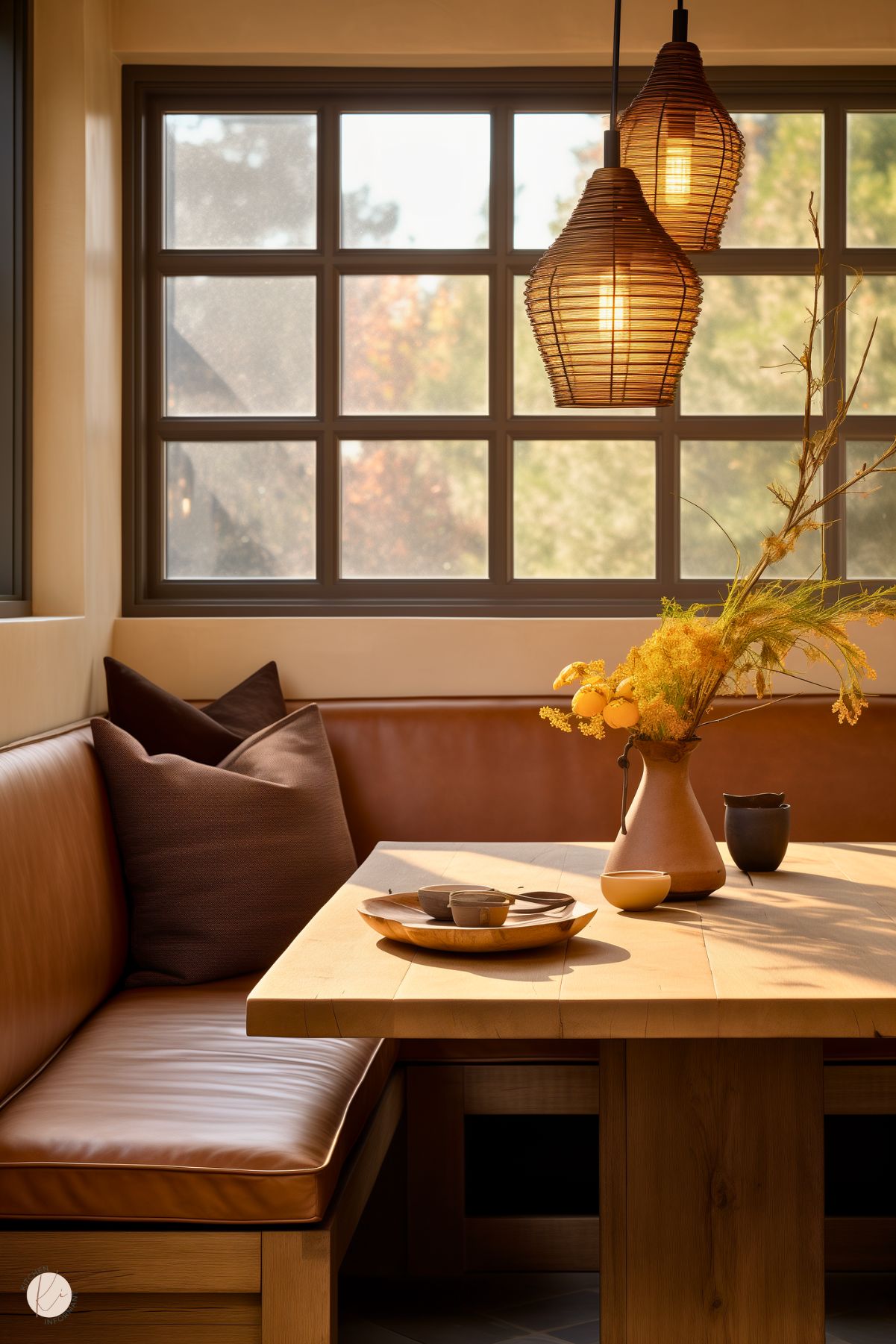 A cozy, rustic kitchen nook featuring a wooden table with a matching bench upholstered in warm caramel leather. The seating is accented with deep brown throw pillows. The table is styled with earthy ceramic dishes and a terracotta vase filled with golden yellow flowers. Overhead, woven pendant lights cast a soft, warm glow. Large grid-style windows let in natural light and frame a peaceful outdoor view, enhancing the intimate and inviting atmosphere.