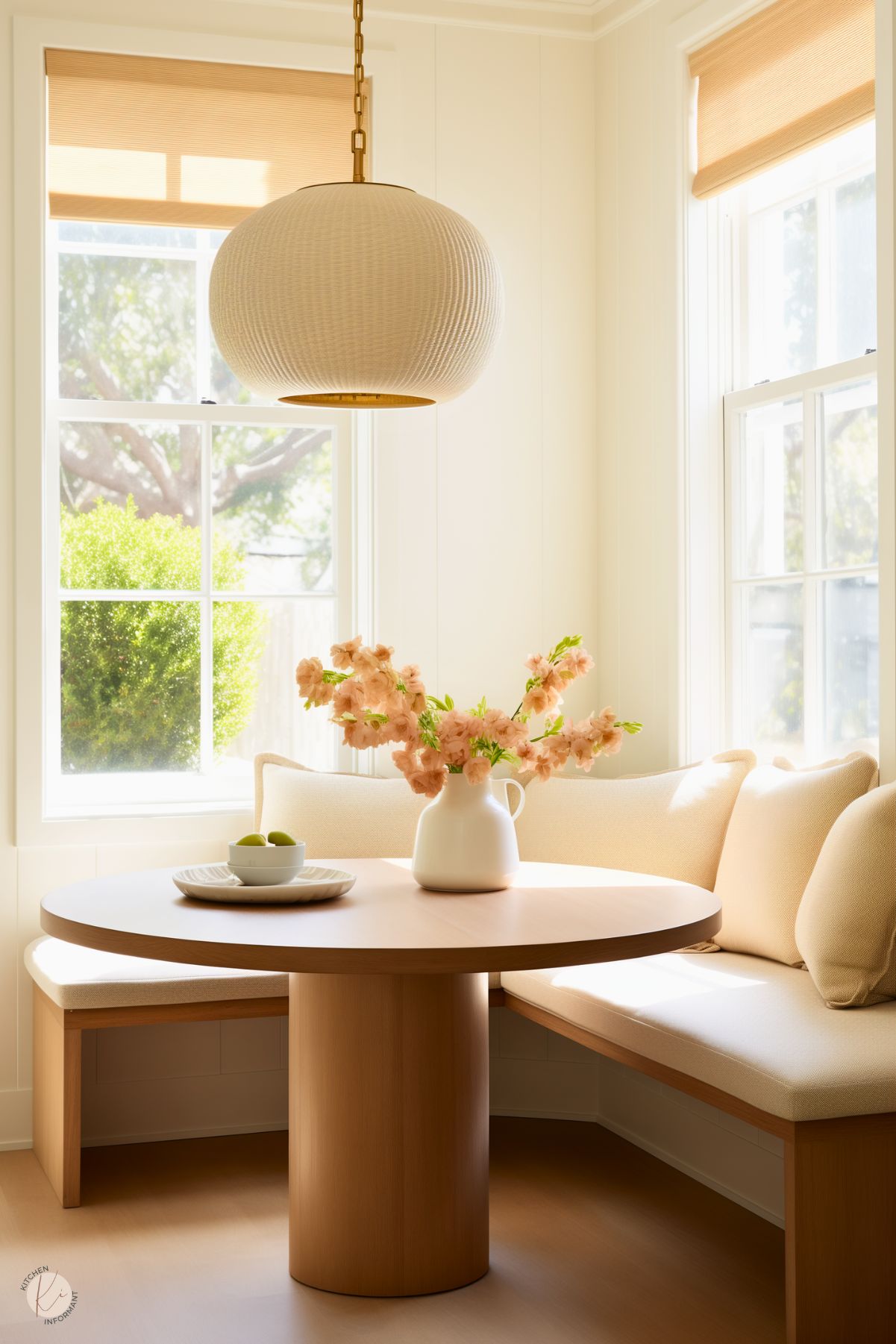 A serene and minimalist kitchen nook with a natural wood round table and built-in bench seating upholstered in soft beige fabric. A white pitcher filled with peach-colored flowers sits as a centerpiece, alongside a small bowl of green fruit. A textured pendant light hangs above, casting a warm glow. Large windows with light shades bring in ample natural light, framing views of greenery outside for a calm and inviting atmosphere.