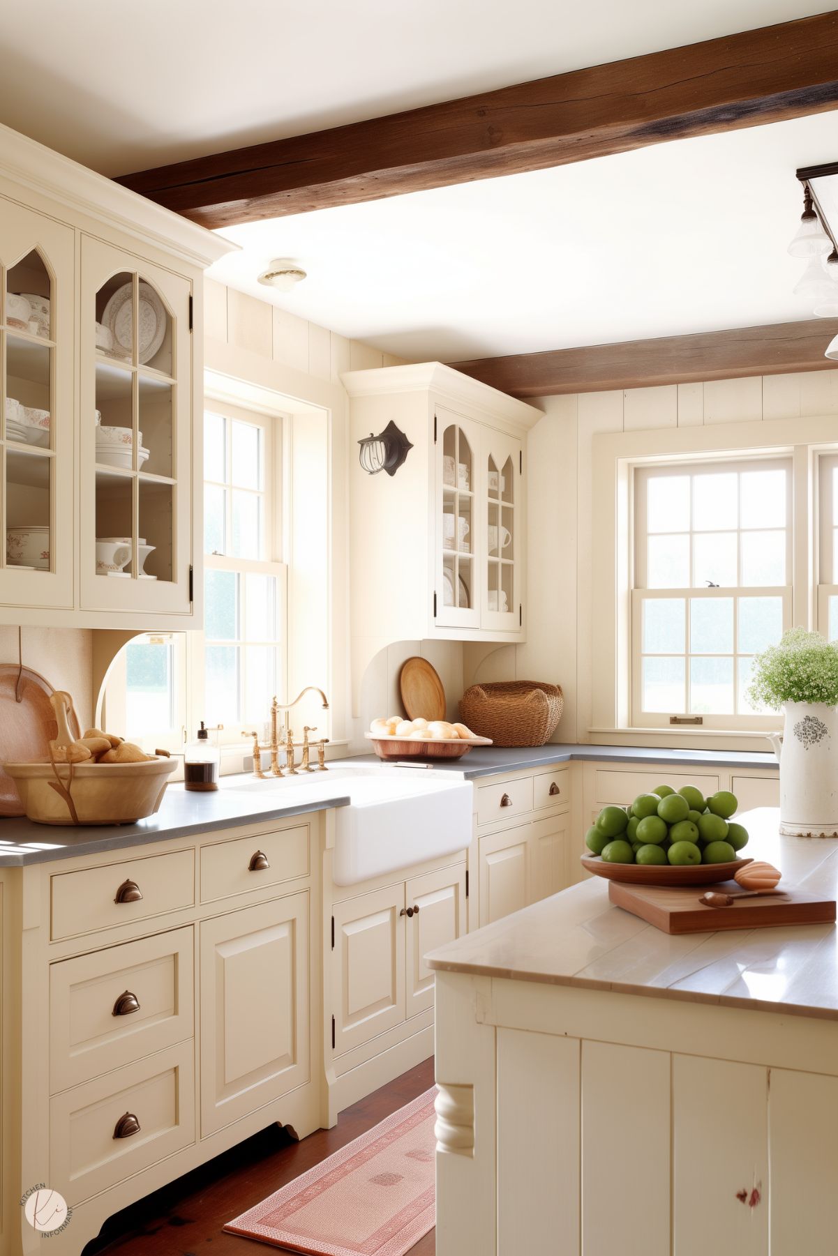 A farmhouse-style kitchen with creamy off-white cabinetry, decorative glass doors, and a spacious apron-front sink. The countertops are a muted gray, while warm wooden beams on the ceiling and a wood floor add rustic charm. The space is accessorized with wicker baskets, brass fixtures, and a centerpiece of fresh green apples. Soft natural light pours in through large windows, creating a cozy and inviting atmosphere.