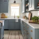 A cozy farmhouse kitchen featuring muted blue shaker-style cabinets with brass hardware, complemented by white countertops and a white subway tile backsplash. Open shelving displays dishes and accents, while a central window provides natural light. The space is grounded by a patterned runner on neutral tile flooring, with warm wood cutting boards and fresh herbs adding natural, rustic touches.