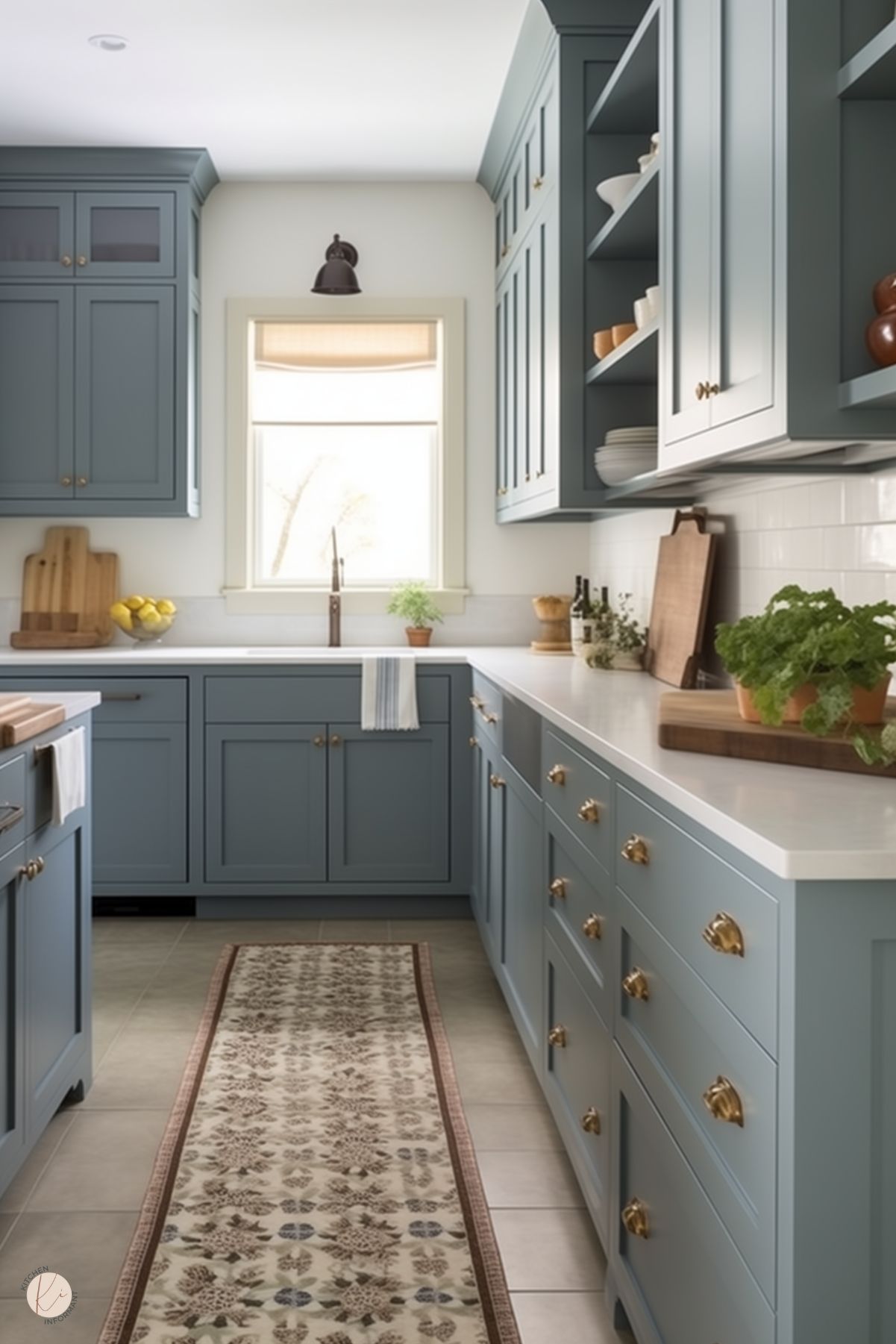 A cozy farmhouse kitchen featuring muted blue shaker-style cabinets with brass hardware, complemented by white countertops and a white subway tile backsplash. Open shelving displays dishes and accents, while a central window provides natural light. The space is grounded by a patterned runner on neutral tile flooring, with warm wood cutting boards and fresh herbs adding natural, rustic touches.