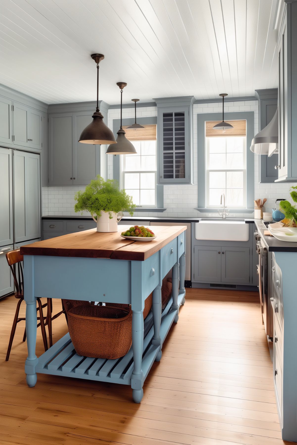 A charming farmhouse kitchen with soft blue cabinetry and an island featuring a natural wood countertop and wicker baskets on the lower shelf. The room includes white subway tile backsplash, a farmhouse sink, and rustic bronze pendant lights hanging from a beadboard ceiling. Warm wood flooring and woven shades on the windows add natural warmth, while fresh greenery in a vase and a bowl of fruit bring a lively touch.