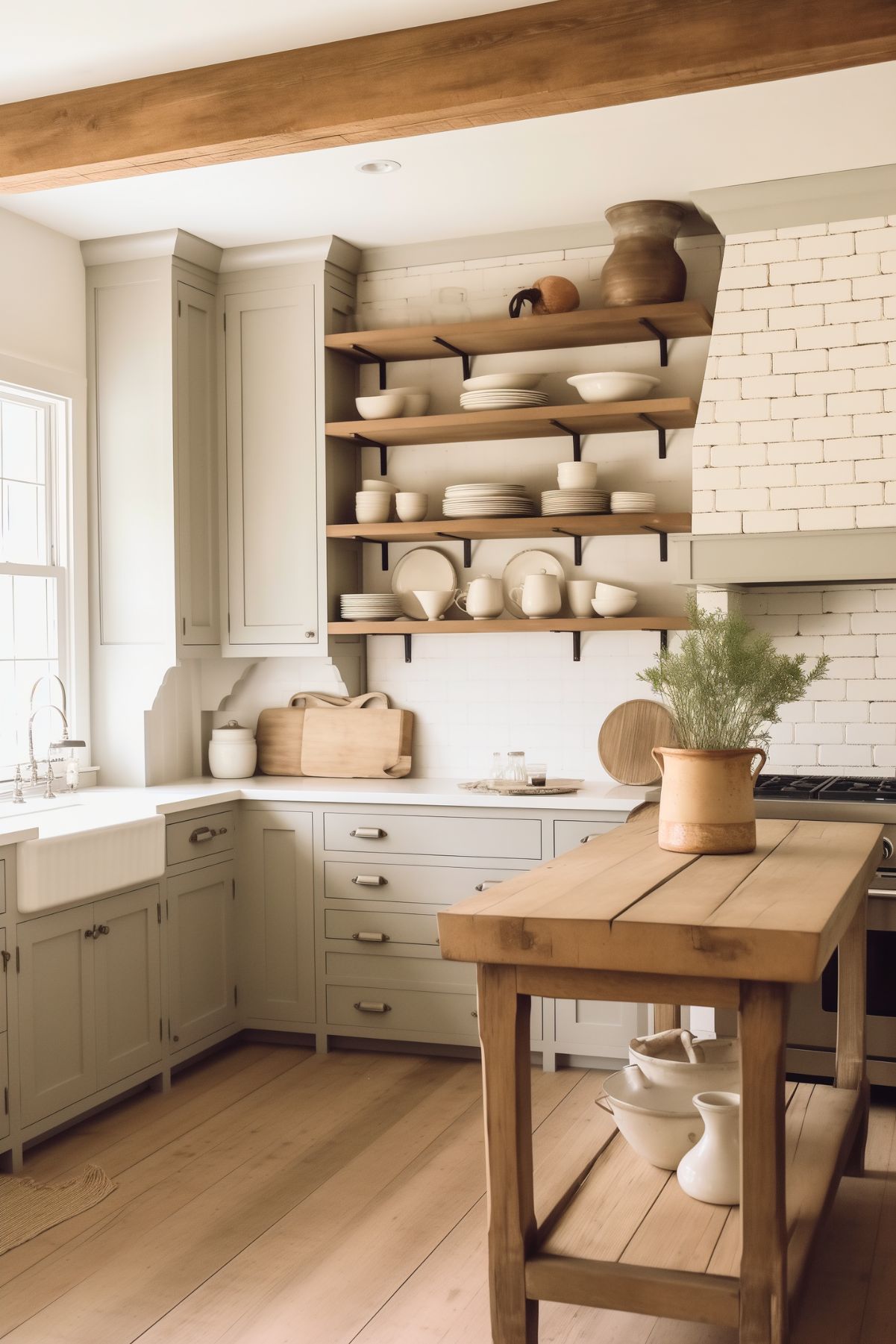 A serene farmhouse kitchen featuring muted beige cabinetry, open wooden shelving with neatly arranged dishware, and a rustic wood island with open storage below. The backsplash is a blend of white subway tiles and a whitewashed brick range hood, adding texture and charm. Light wood flooring and an exposed wooden beam on the ceiling complete the warm, natural look. A potted herb adds a touch of greenery to the cozy space.