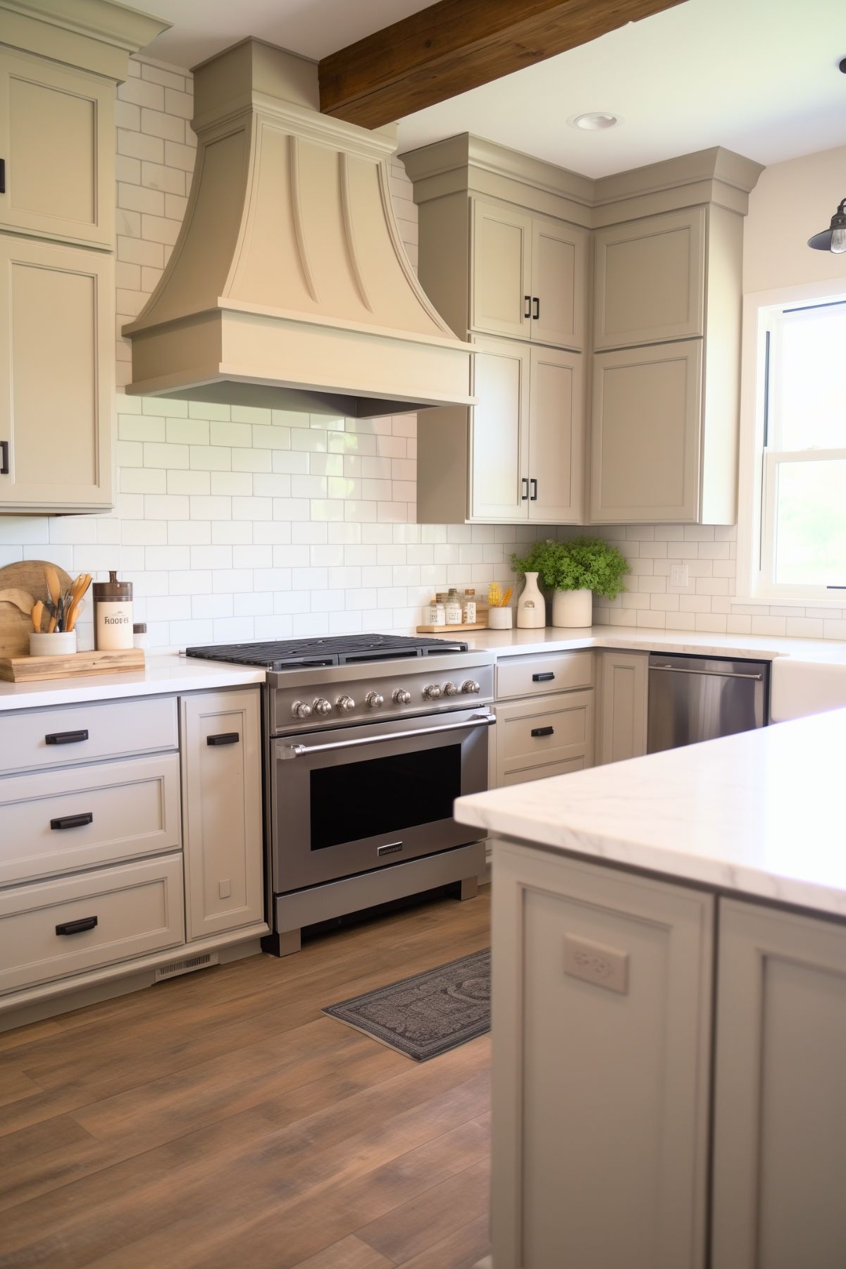 A farmhouse-style kitchen with light beige cabinetry and a decorative range hood that matches the cabinets. The backsplash features classic white subway tiles, while the countertops are crisp white with a marble-like finish. Stainless steel appliances and a farmhouse sink provide modern touches. The space is accented by a wood beam on the ceiling and warm-toned hardwood flooring, creating a cozy and inviting atmosphere.