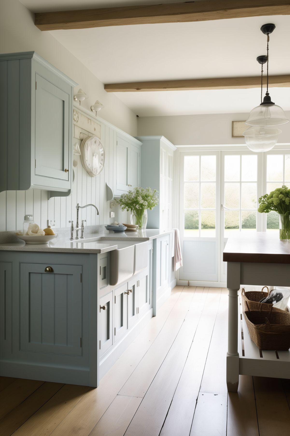 A serene farmhouse kitchen with soft blue shaker cabinets, a large apron-front sink, and white beadboard walls. The design features a light wood countertop on the island and bright natural light streaming through large glass doors. Subtle wooden ceiling beams and wide plank wood flooring add warmth, while fresh flowers and woven baskets enhance the airy, rustic charm of the space.