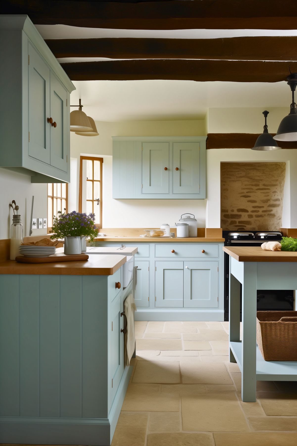 A charming farmhouse kitchen with light blue shaker-style cabinets and warm wooden countertops. The space features exposed wooden ceiling beams, soft cream walls, and stone tile flooring. An apron-front sink, rustic accents, and a small island with open shelving add functionality and charm. Natural light streams through traditional wooden-framed windows, enhancing the cozy, rustic aesthetic.