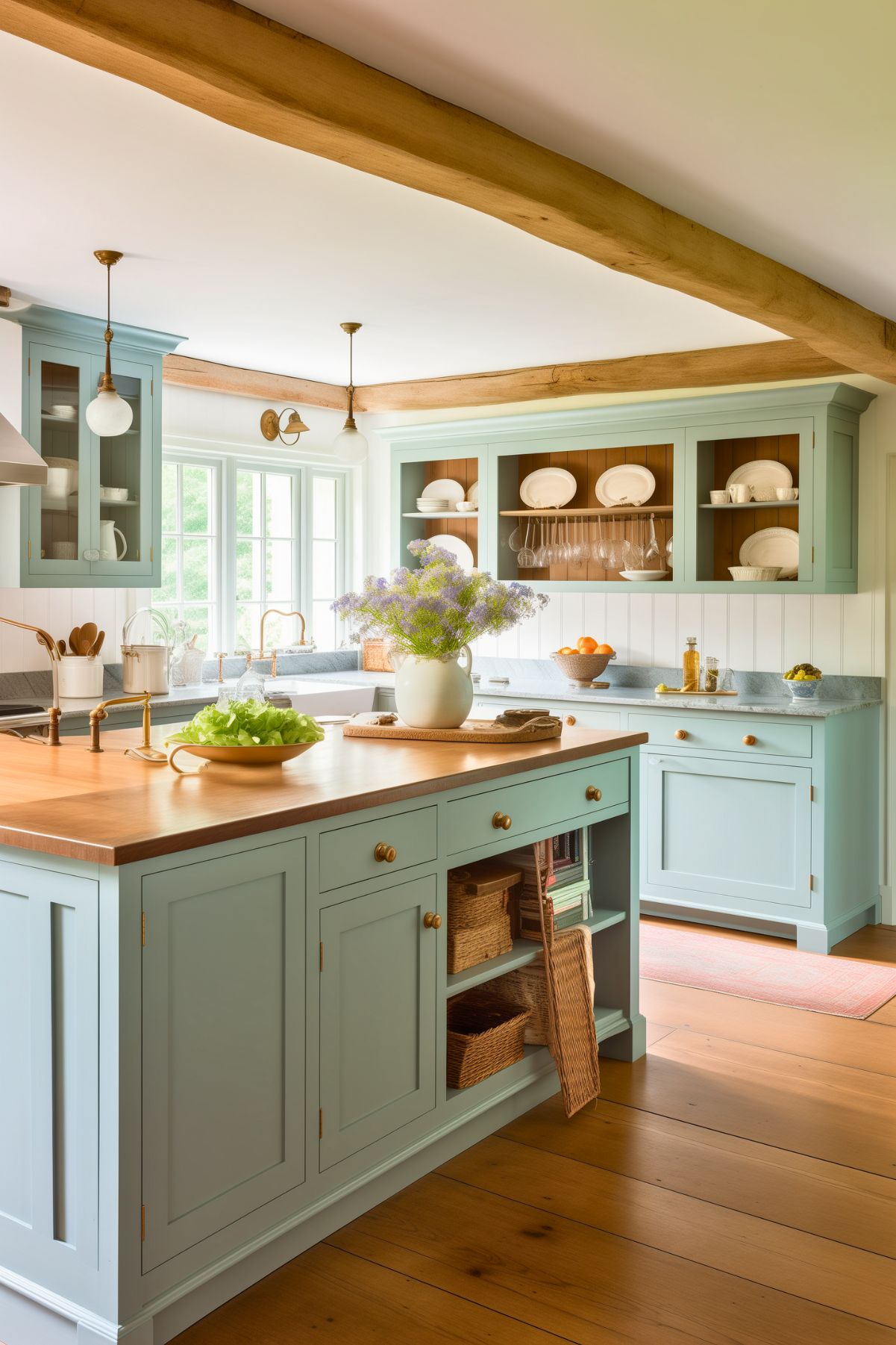 A picturesque farmhouse kitchen featuring soft mint green cabinetry with brass hardware and wooden countertops. The island offers open shelving with woven baskets for storage, while a white apron-front sink is framed by large windows that let in natural light. Exposed wooden ceiling beams add rustic charm, and open shelving showcases dishware against a warm wood backing. Fresh flowers and produce bring life to the cozy, inviting space.