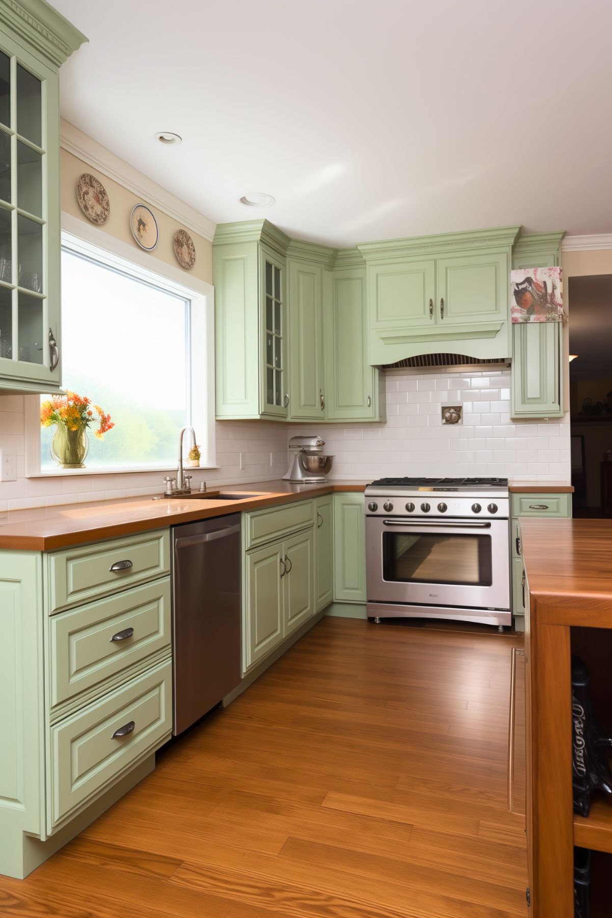 A cozy kitchen with soft mint green cabinetry, glass-front upper cabinets, and stainless steel appliances. The space features white subway tile backsplash, warm wood countertops, and polished wood flooring. A large window brings in natural light, with a vase of fresh flowers adding a vibrant touch. Decorative plates and artwork adorn the walls, enhancing the traditional farmhouse charm.