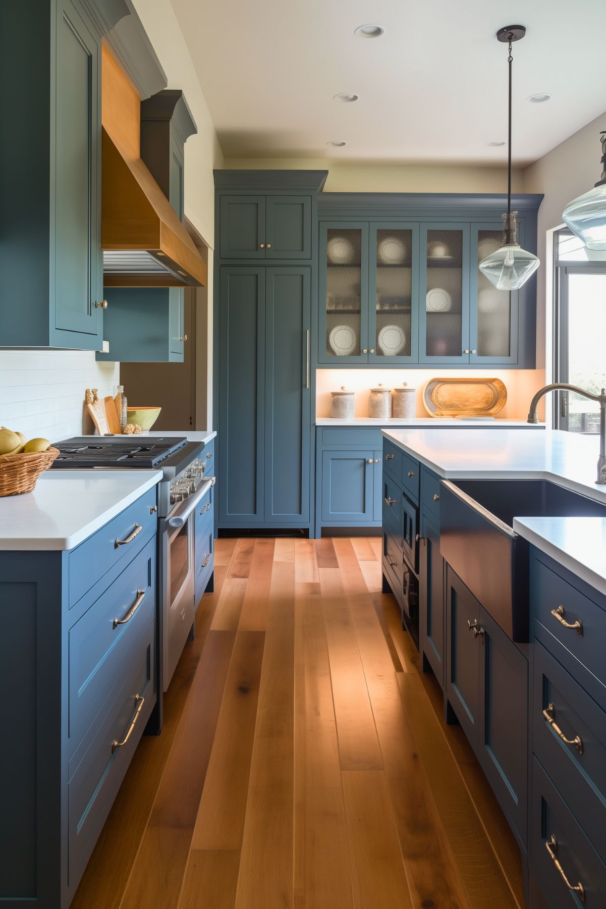 A farmhouse-style kitchen with rich blue cabinetry featuring shaker doors, a built-in hood with natural wood accents, and a paneled refrigerator. White quartz countertops and a large island complement the design. Frosted glass cabinet doors display dishware, while light hardwood flooring and pendant lighting enhance the space's warm and inviting ambiance.