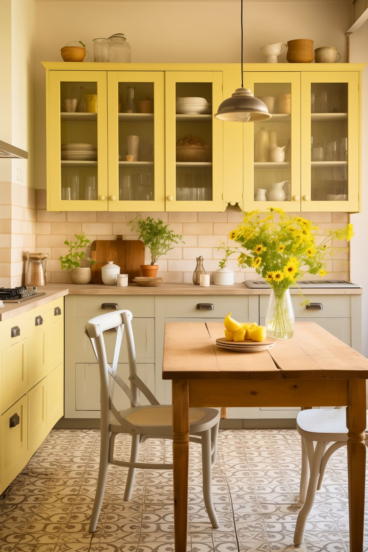 A cheerful farmhouse kitchen featuring bright yellow upper cabinets with glass fronts and soft cream lower cabinets. The backsplash consists of warm beige subway tiles, complementing the wooden countertops. A rustic wooden table with simple white chairs anchors the space, while patterned tile flooring adds visual interest. Fresh greenery and a bouquet of yellow flowers bring a lively touch, enhancing the sunny and inviting atmosphere.