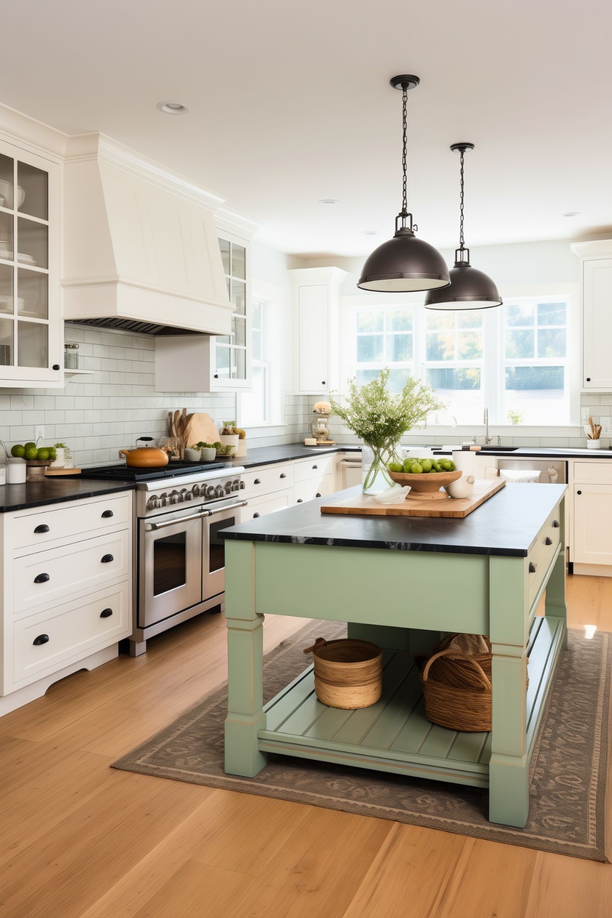 A farmhouse-style kitchen with crisp white cabinetry and a matching range hood, complemented by black countertops and a soft gray subway tile backsplash. The centerpiece is a pale green island with a black countertop, featuring open shelving and wicker baskets for storage. Industrial-style pendant lights hang above, while light hardwood floors and natural light streaming through large windows create a bright and welcoming atmosphere.