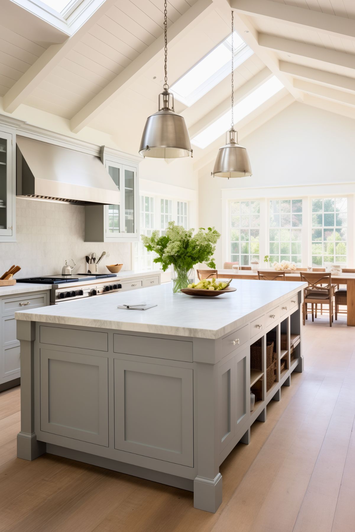 A bright and airy farmhouse kitchen with light gray cabinetry and a large matching island featuring open shelving and wicker baskets for storage. The island is topped with a white marble countertop, complemented by stainless steel pendant lights hanging from a vaulted ceiling with skylights. A stainless steel range hood and light wood flooring complete the space, which is bathed in natural light from expansive windows overlooking a lush outdoor view.