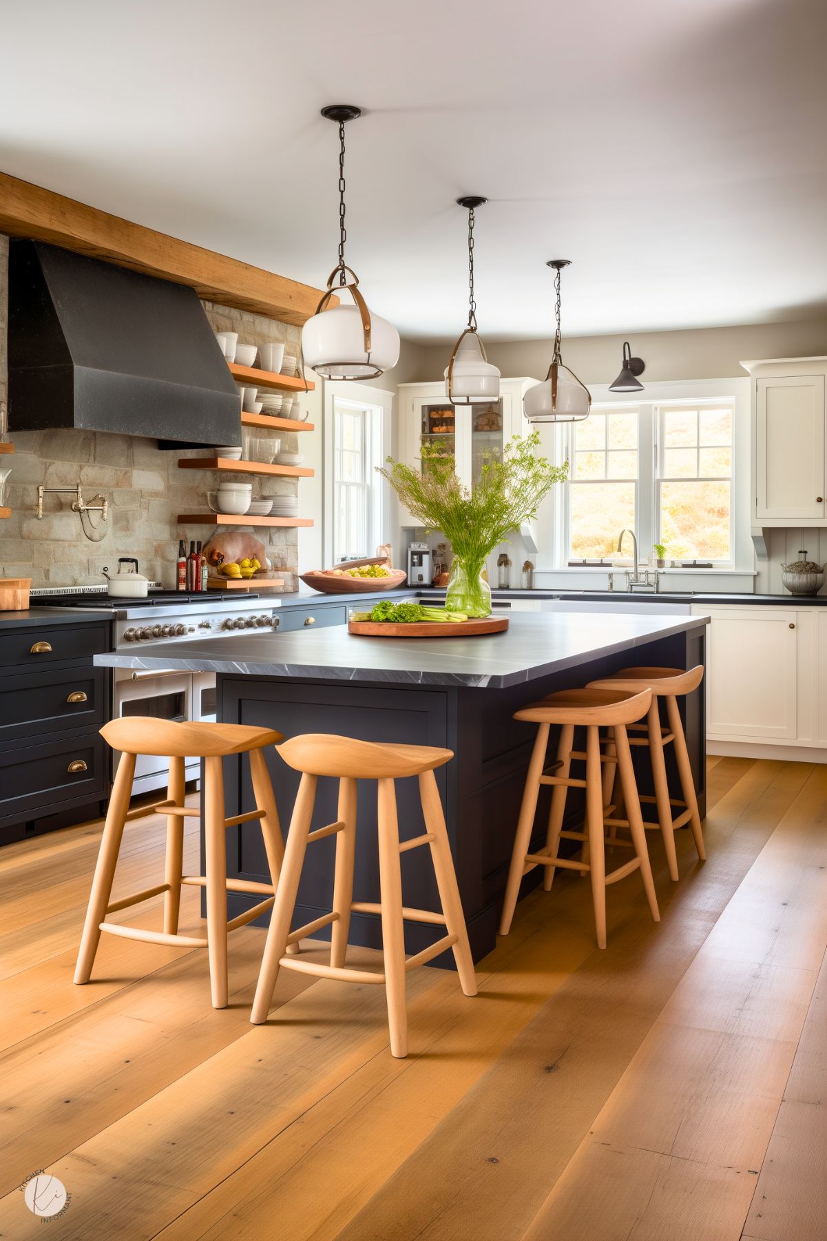 A farmhouse-style kitchen with a dark navy island featuring a marble countertop and light wood stools. The space has white cabinetry, a black metal range hood, and open wooden shelves with dishes against a brick backsplash. Elegant pendant lights hang above the island, while large windows let in natural light. Warm wood floors and a vase of fresh greenery add to the inviting and rustic charm of the room.