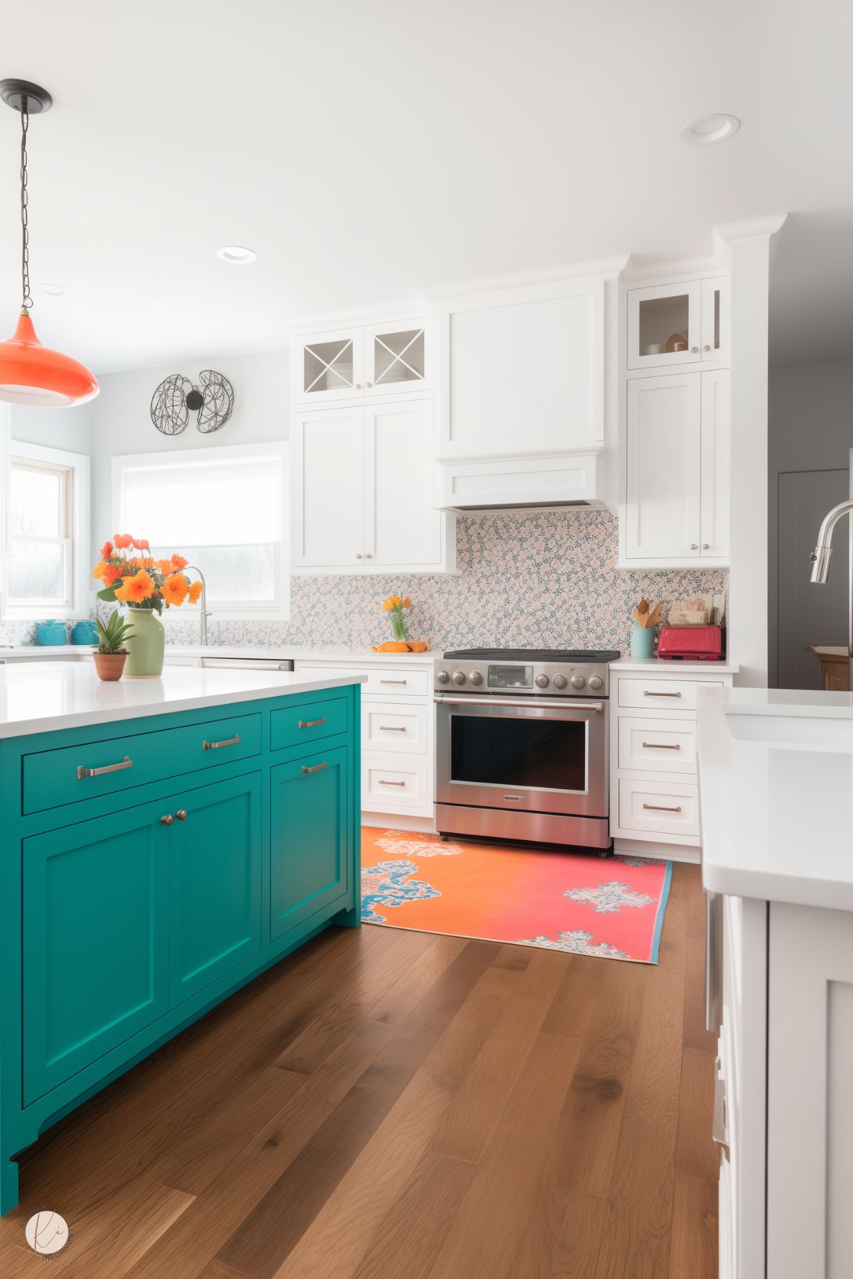 A bright and cheerful kitchen with crisp white cabinetry, a vibrant teal island with silver hardware, and a colorful floral backsplash behind a stainless steel stove. The space features a bold orange pendant light, fresh flowers in a green vase, and a multicolored rug on warm wood flooring. Large windows provide natural light, enhancing the lively and inviting atmosphere.