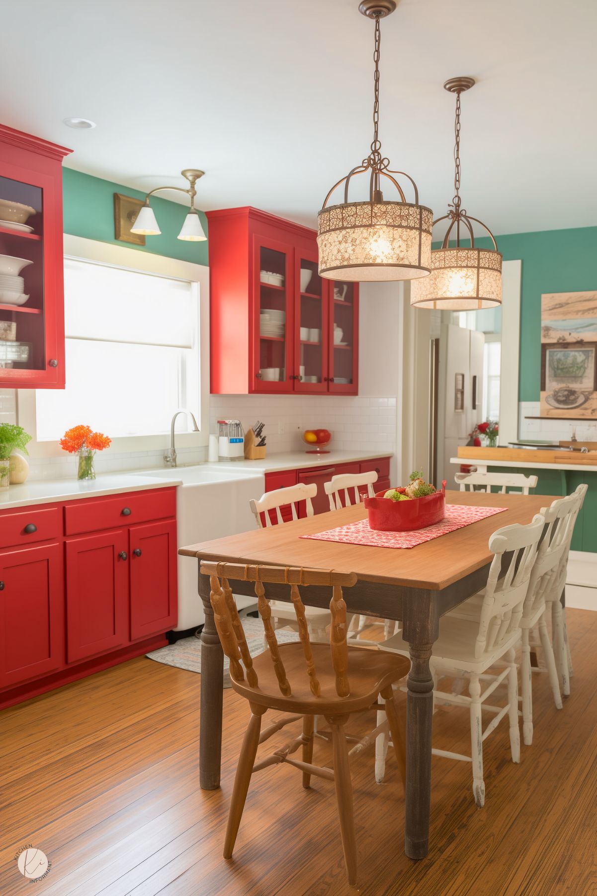 A vibrant farmhouse kitchen featuring bold red cabinetry with glass-front upper cabinets, complemented by white countertops and a white subway tile backsplash. The space is accented with a teal wall and warm wood flooring. A rustic wooden dining table is surrounded by white and natural wood chairs, with ornate pendant lights hanging above. A farmhouse sink and colorful decor elements, like fresh flowers and fruit, add charm and character to the cozy setting.