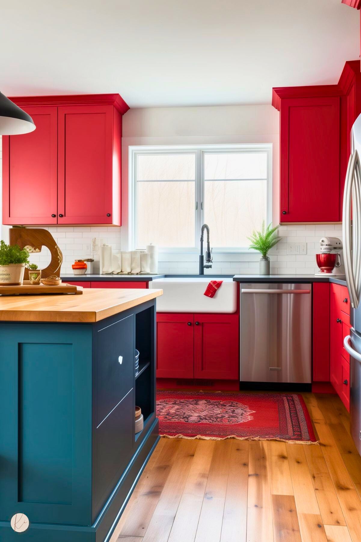 A bold farmhouse kitchen with vibrant red cabinets, black hardware, and a white subway tile backsplash. The space features a farmhouse sink with a black gooseneck faucet, stainless steel appliances, and a navy blue island with a butcher block countertop. A red patterned rug adds warmth to the light wood flooring, while a small plant and kitchen decor bring a touch of greenery and charm.