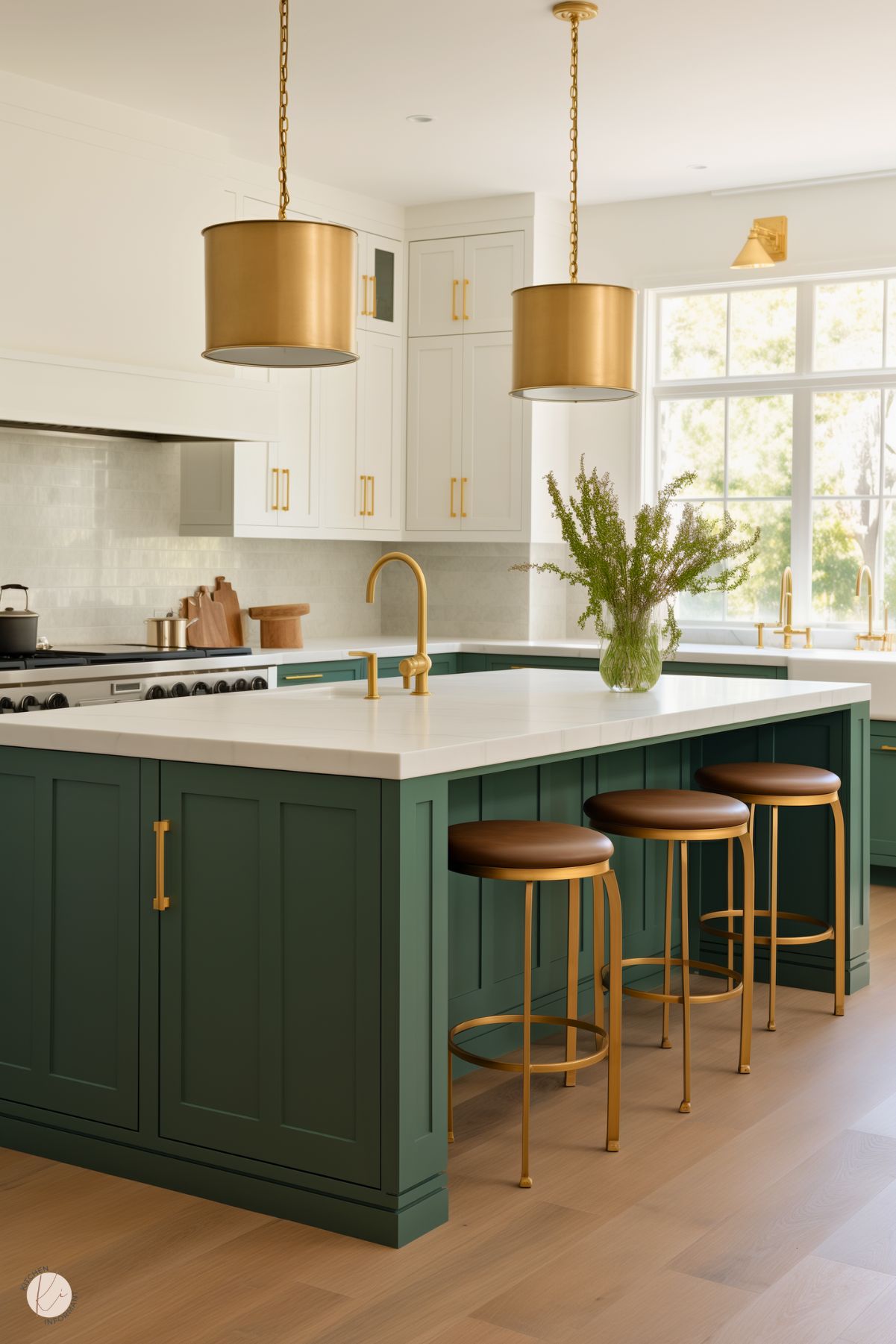 A bright kitchen with forest green cabinetry and white upper cabinets, featuring brass hardware and fixtures. The large island has a white countertop, a gold faucet, and is paired with brass and leather barstools. Two brass drum pendant lights hang above the island, complementing the natural light from the large windows. A vase with greenery adds a fresh, organic touch to the design.