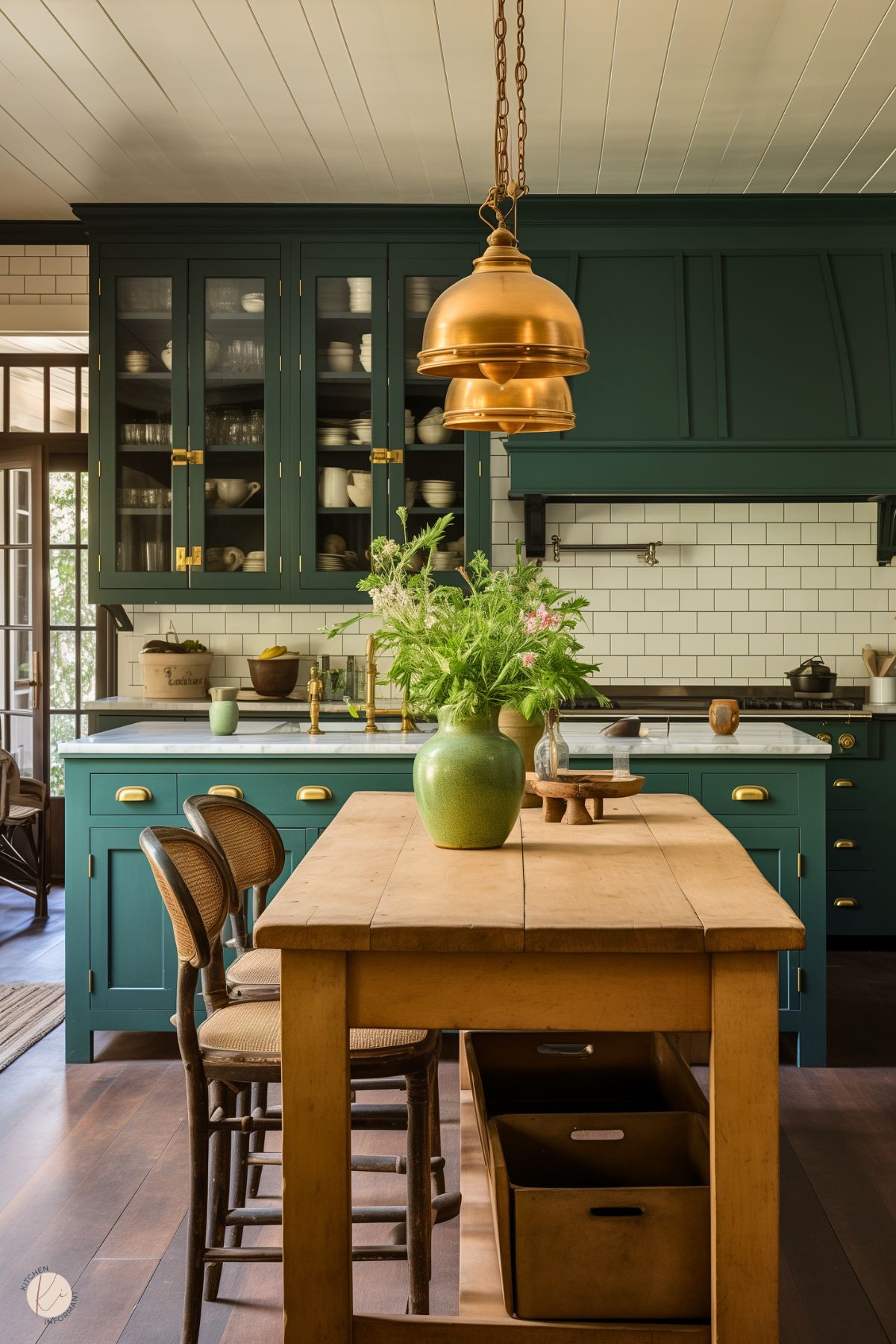 A rustic kitchen with forest green cabinetry and brass hardware, featuring a subway tile backsplash with dark grout. The centerpiece is a wooden farmhouse table with woven-back chairs, decorated with a green vase of fresh flowers. Above the table, brass pendant lights add a vintage touch. Glass-front cabinets display neatly organized dishes, while the space is filled with warm, natural tones and classic design elements.