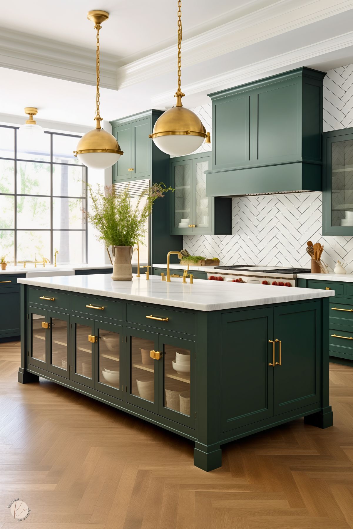 A bright, elegant kitchen with forest green cabinetry and brass hardware, featuring a large island with a white countertop and glass-paneled cabinets. Brass globe pendant lights hang above the island, adding a touch of sophistication. The backsplash showcases a white herringbone tile pattern, complementing the natural light streaming through the large black-framed windows. A potted plant on the island brings in a fresh, organic element, while the herringbone wood flooring adds warmth.