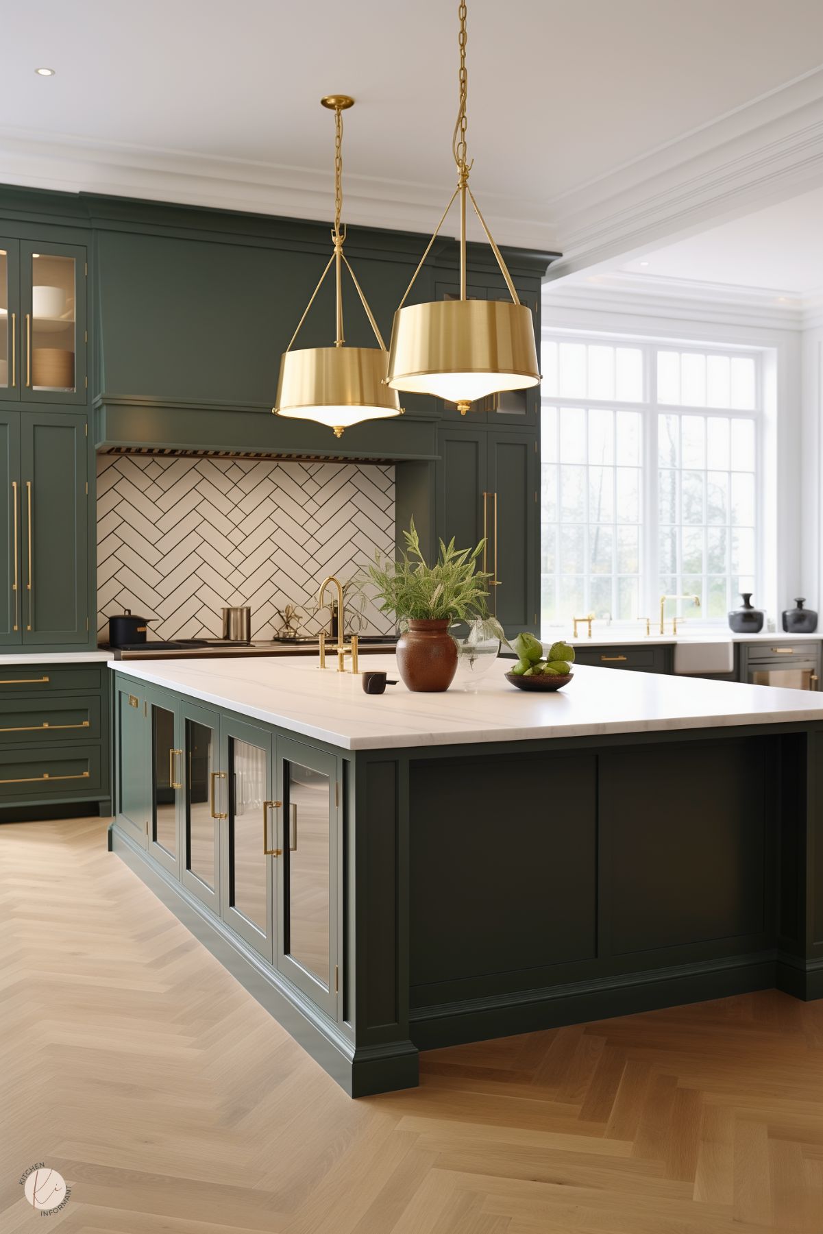 A sophisticated kitchen with forest green cabinetry and brass hardware, featuring a large island with a white countertop and glass-paneled cabinets. Two elegant brass pendant lights hang above the island, complementing the brass faucet. The backsplash displays a white herringbone tile pattern, adding a contemporary touch. The bright space is illuminated by a large wall of windows, and the herringbone wood flooring adds warmth and texture. Decor includes greenery in a terracotta vase and a bowl of apples.