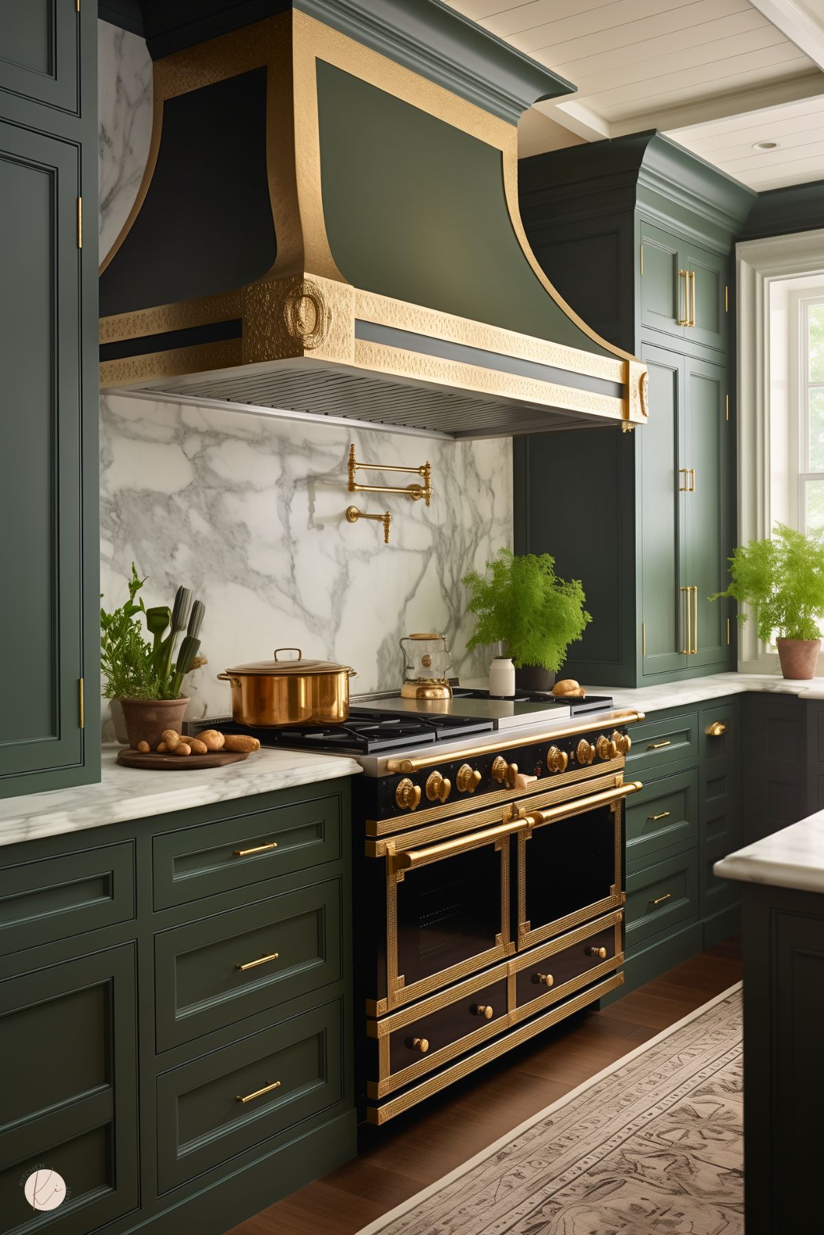 A luxurious kitchen with forest green cabinetry and brass hardware, featuring a stunning black and gold range paired with an ornate matching range hood. The backsplash and countertops are made of elegant white marble with gray veining, adding a sophisticated touch. Decorative greenery and brass accents enhance the warmth and richness of the space, while a soft rug adds comfort to the hardwood flooring.